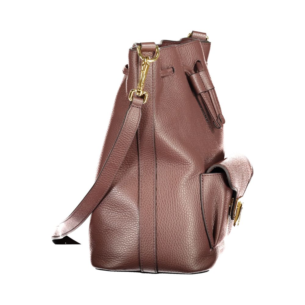 Coccinelle Brown Leather Women's Bag with Drawstring Twist Closure and Women's Pocket