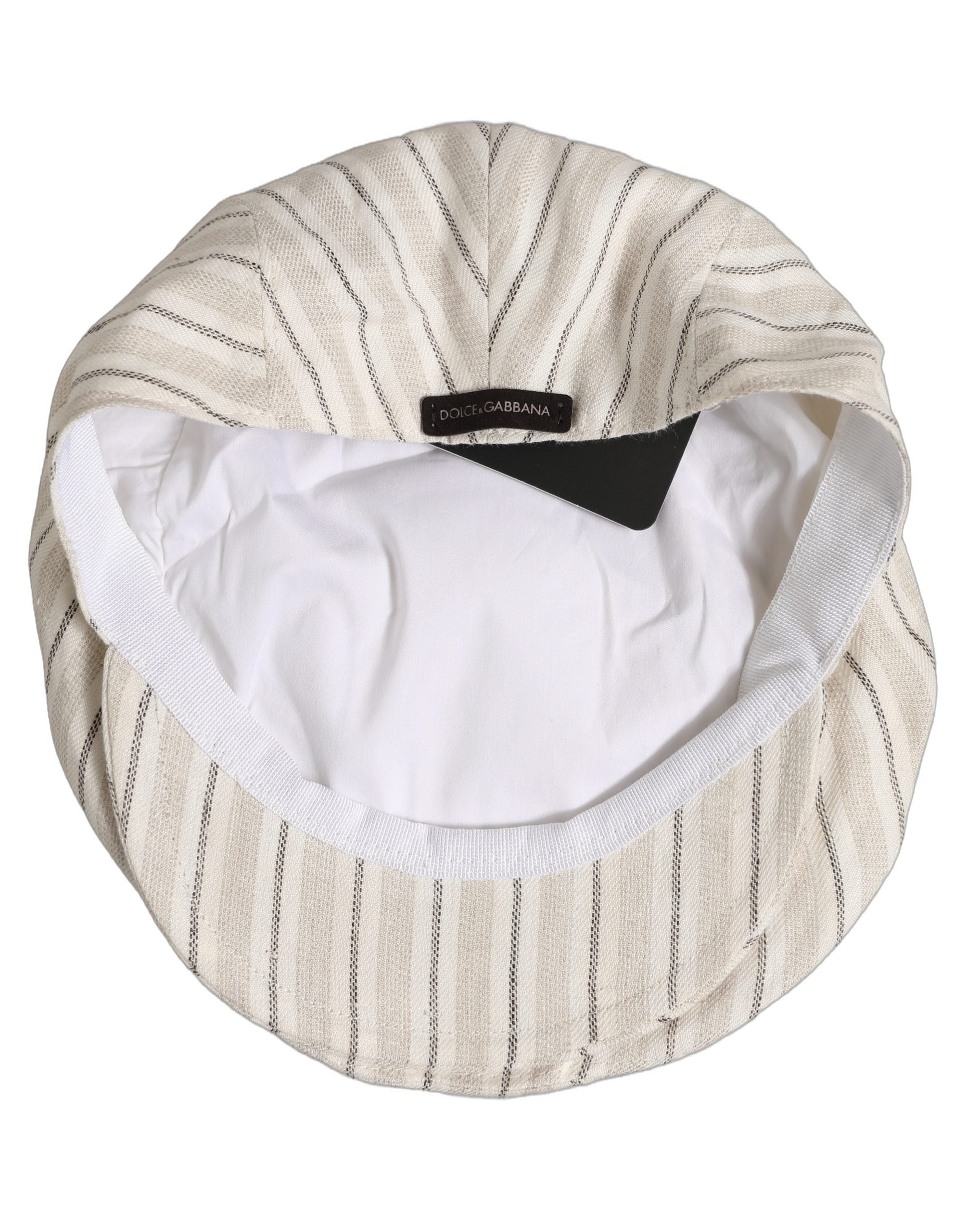 Dolce & Gabbana Men Off White Striped Linen Newsboy Capello Men's Hat