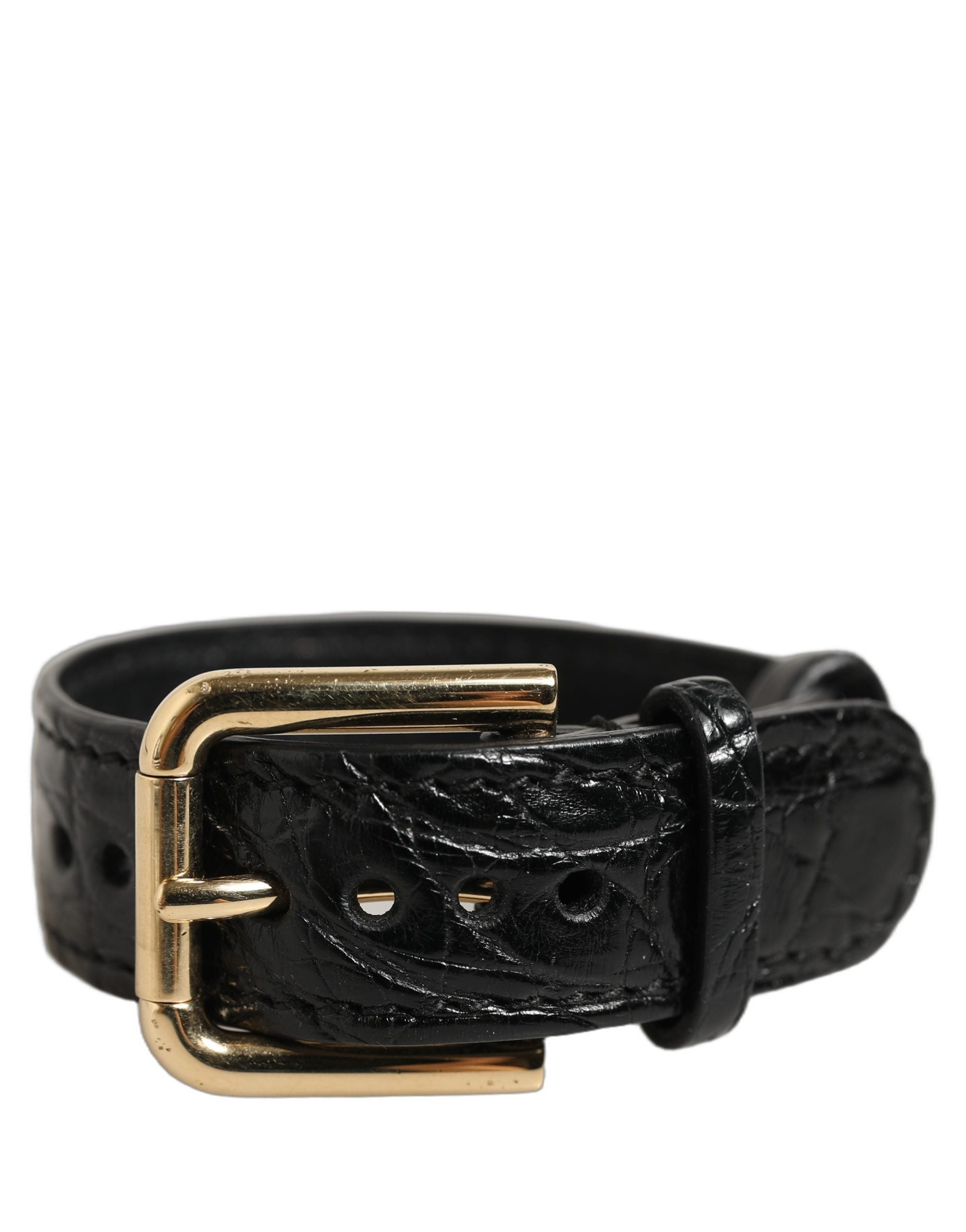 Dolce & Gabbana Black Textured Leather Gold Buckle Belt Strap Women's Bracelet