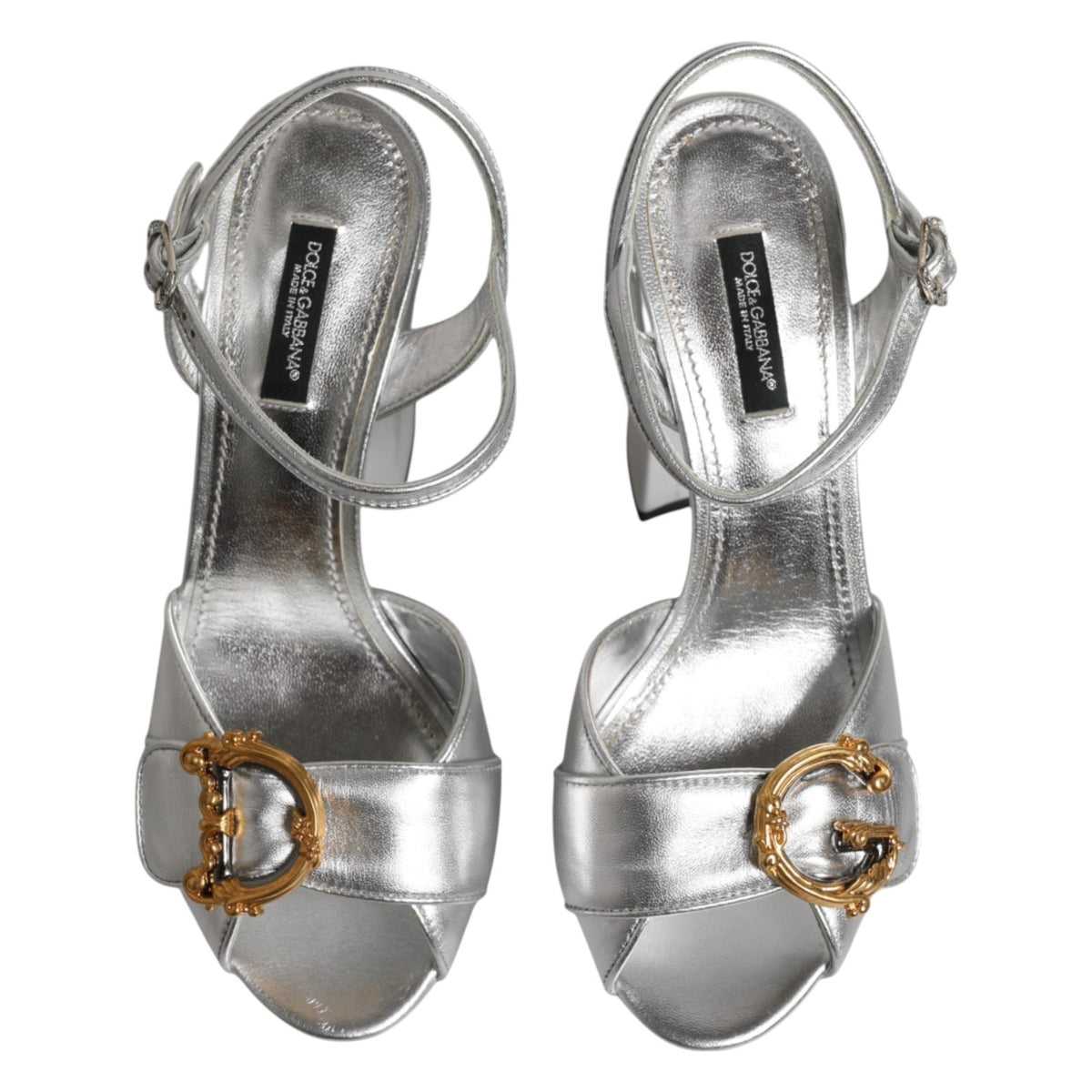Dolce & Gabbana Silver Logo Ankle Strap Heels Sandals Women's Shoes