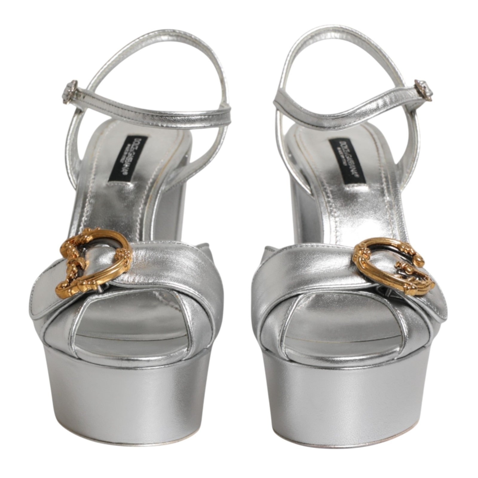 Dolce & Gabbana Silver Logo Ankle Strap Heels Sandals Women's Shoes