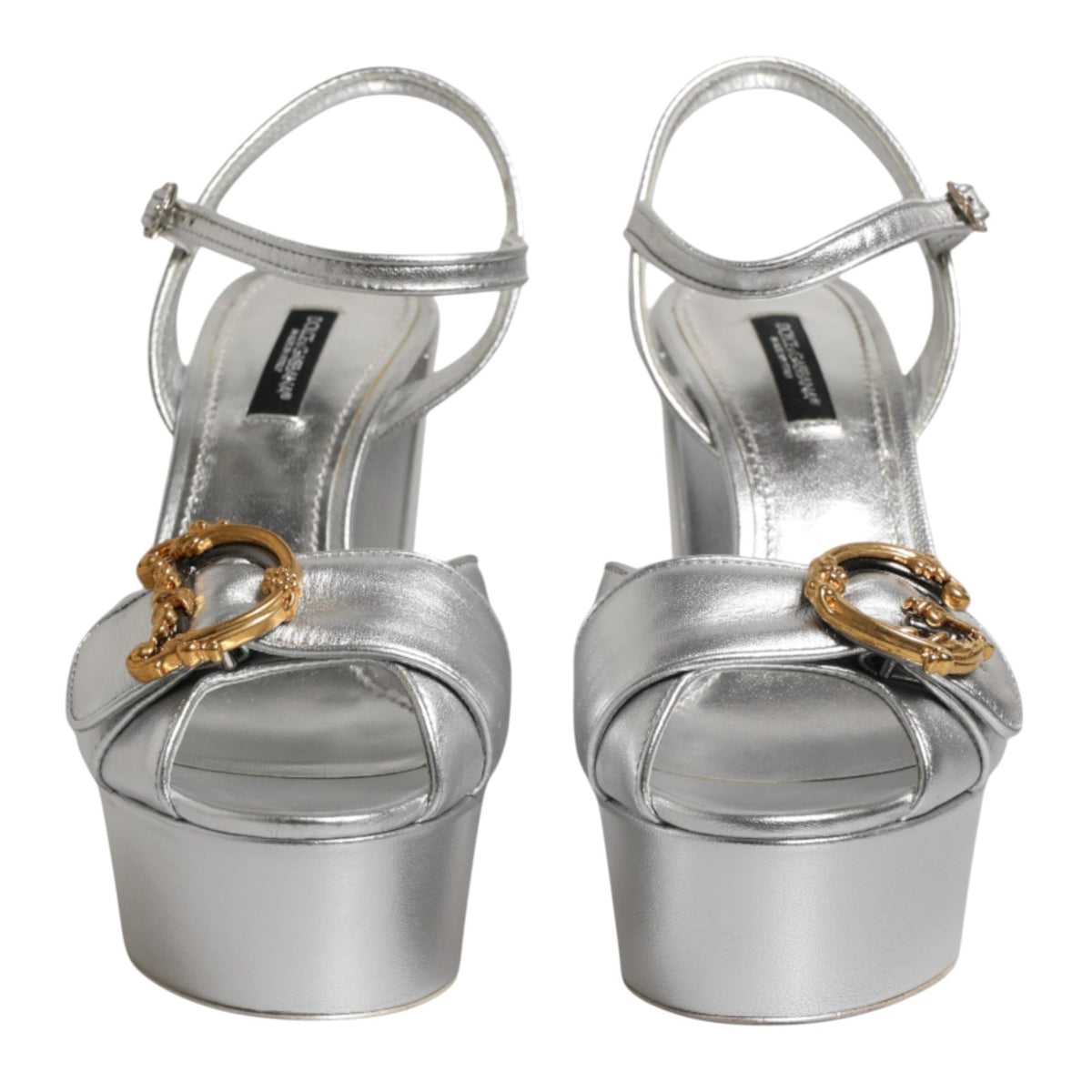 Dolce & Gabbana Silver Logo Ankle Strap Heels Sandals Women's Shoes