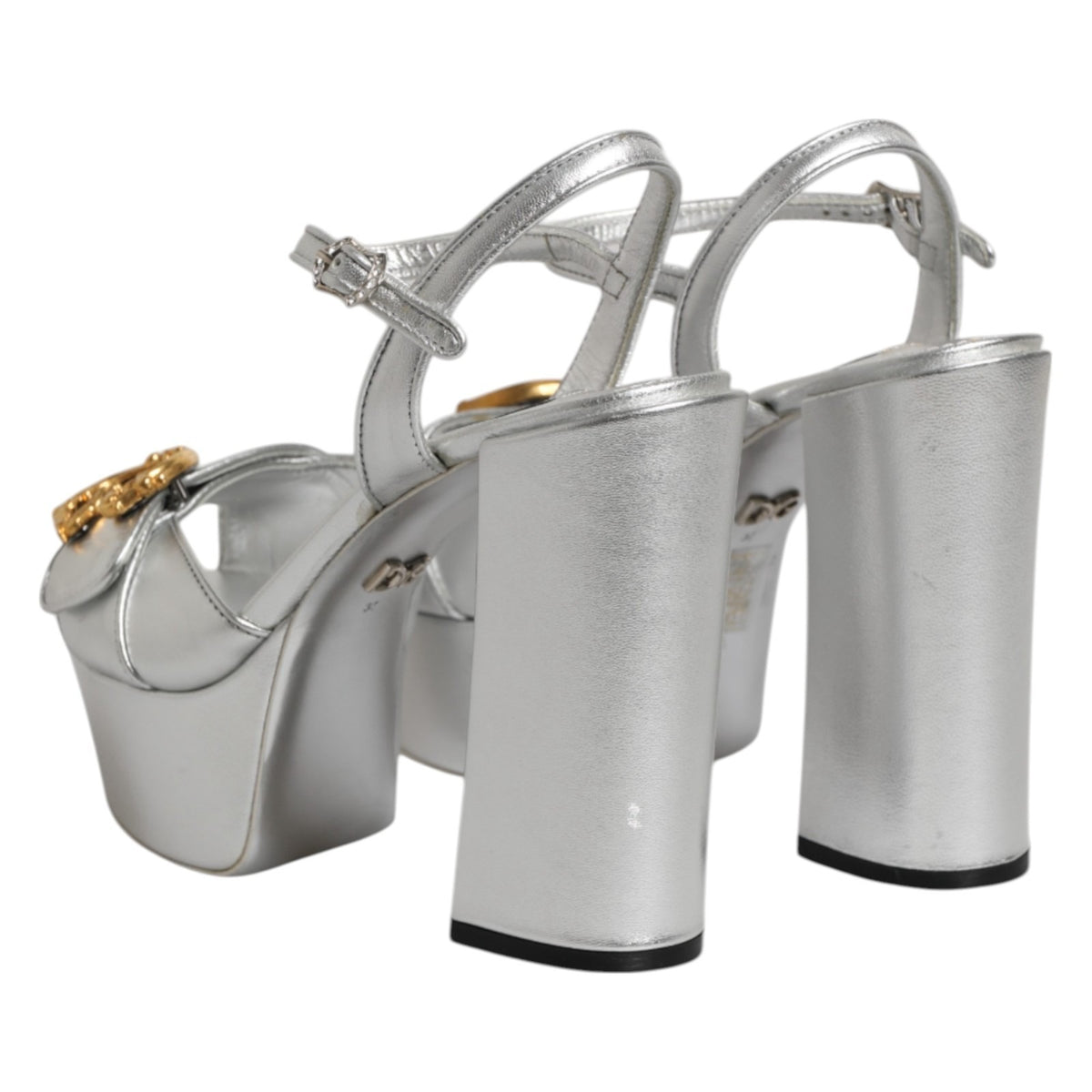 Dolce & Gabbana Silver Logo Ankle Strap Heels Sandals Women's Shoes