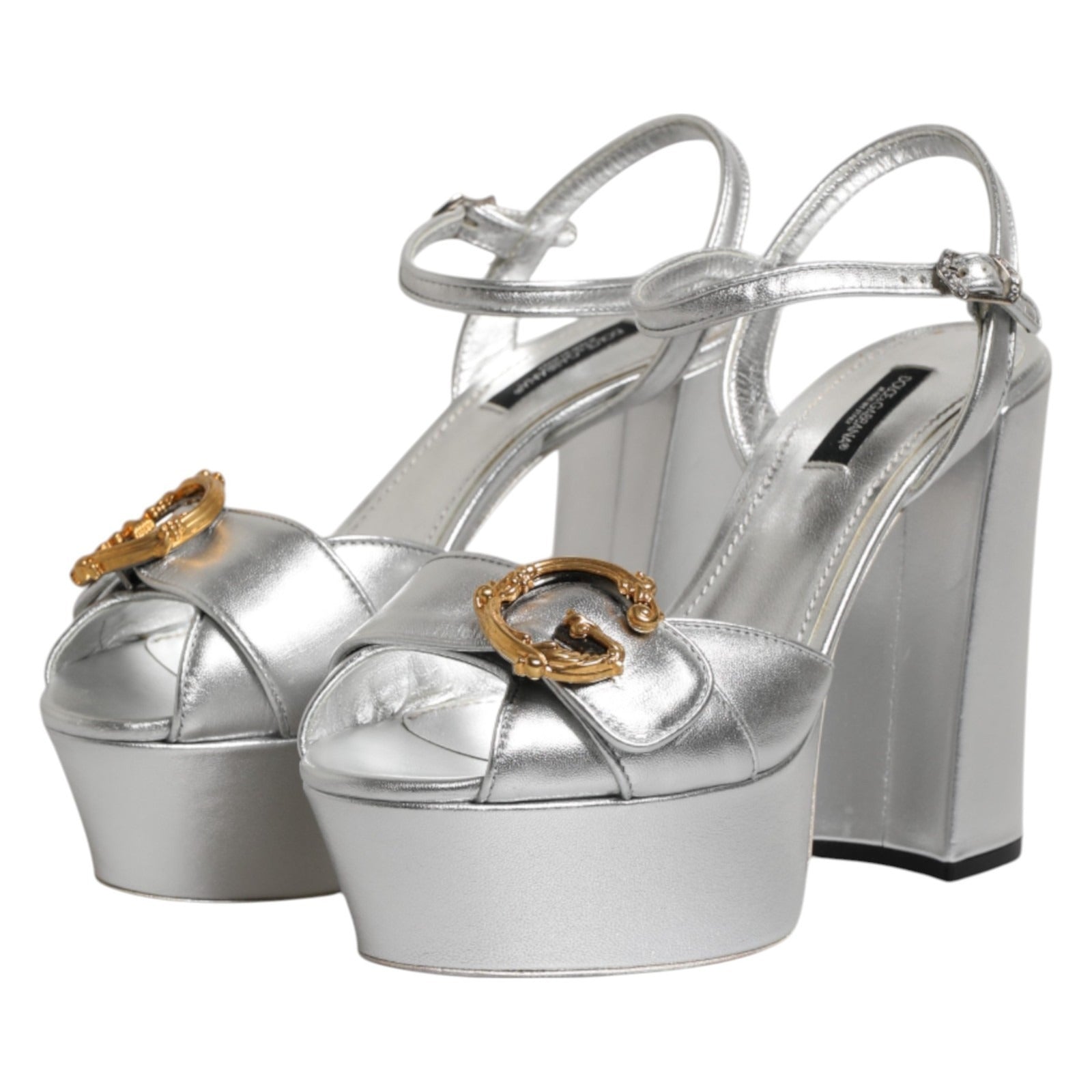 Dolce & Gabbana Silver Logo Ankle Strap Heels Sandals Women's Shoes