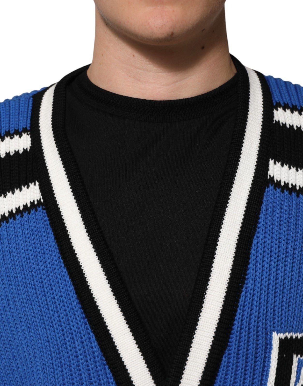 Dolce & Gabbana Blue Cotton Logo Patch Ribbed Knit Cardigan Men's Sweater