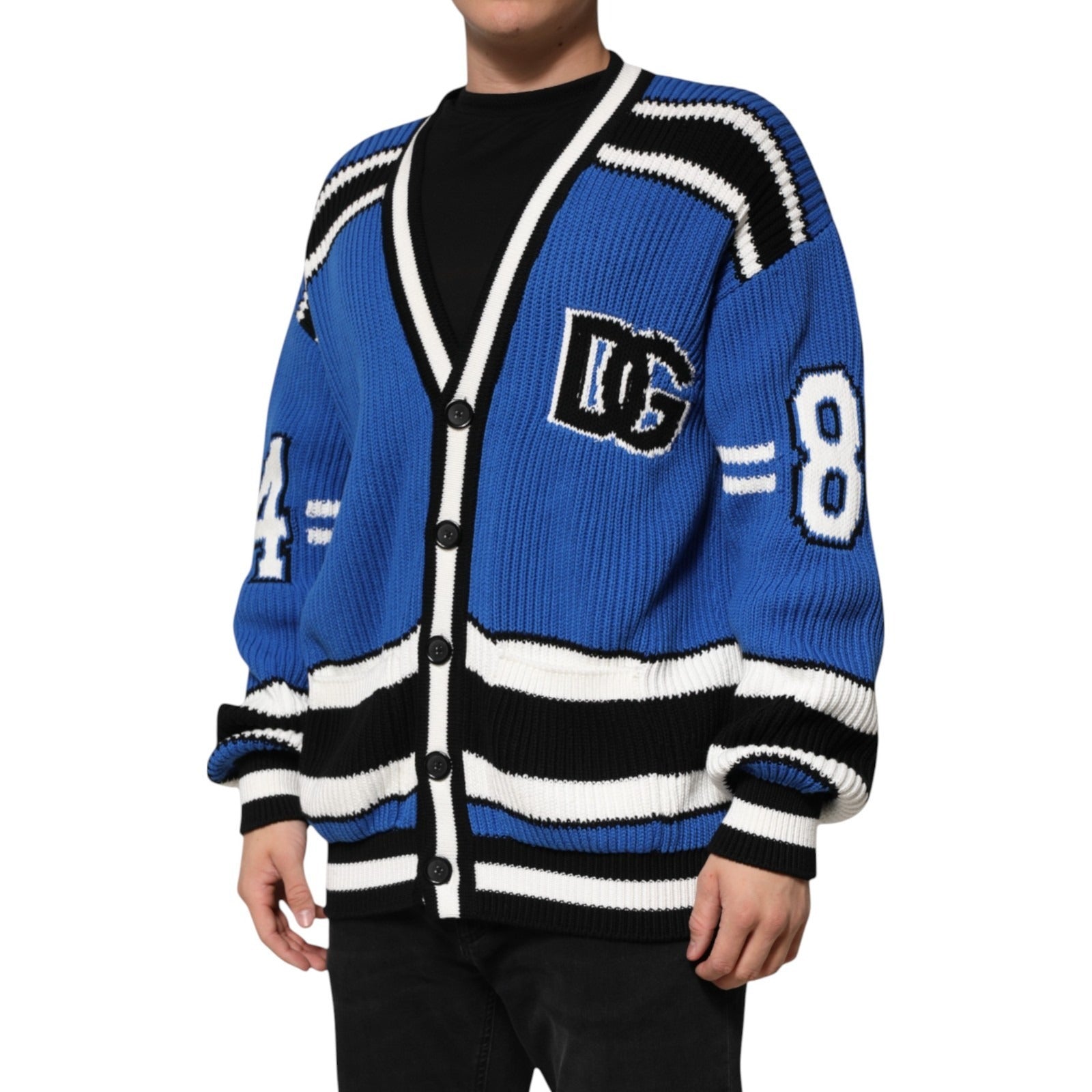 Dolce & Gabbana Blue Cotton Logo Patch Ribbed Knit Cardigan Men's Sweater