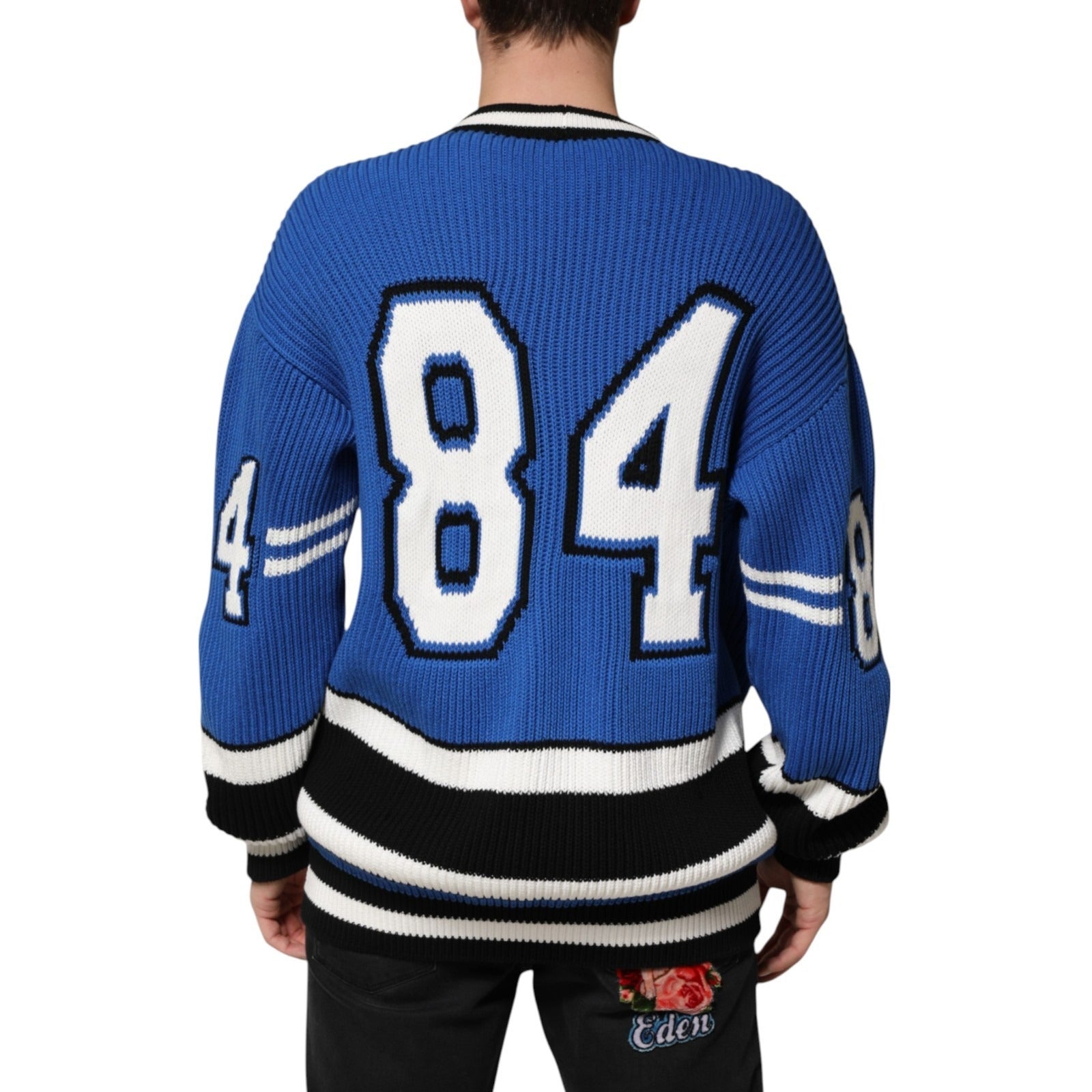 Dolce & Gabbana Blue Cotton Logo Patch Ribbed Knit Cardigan Men's Sweater