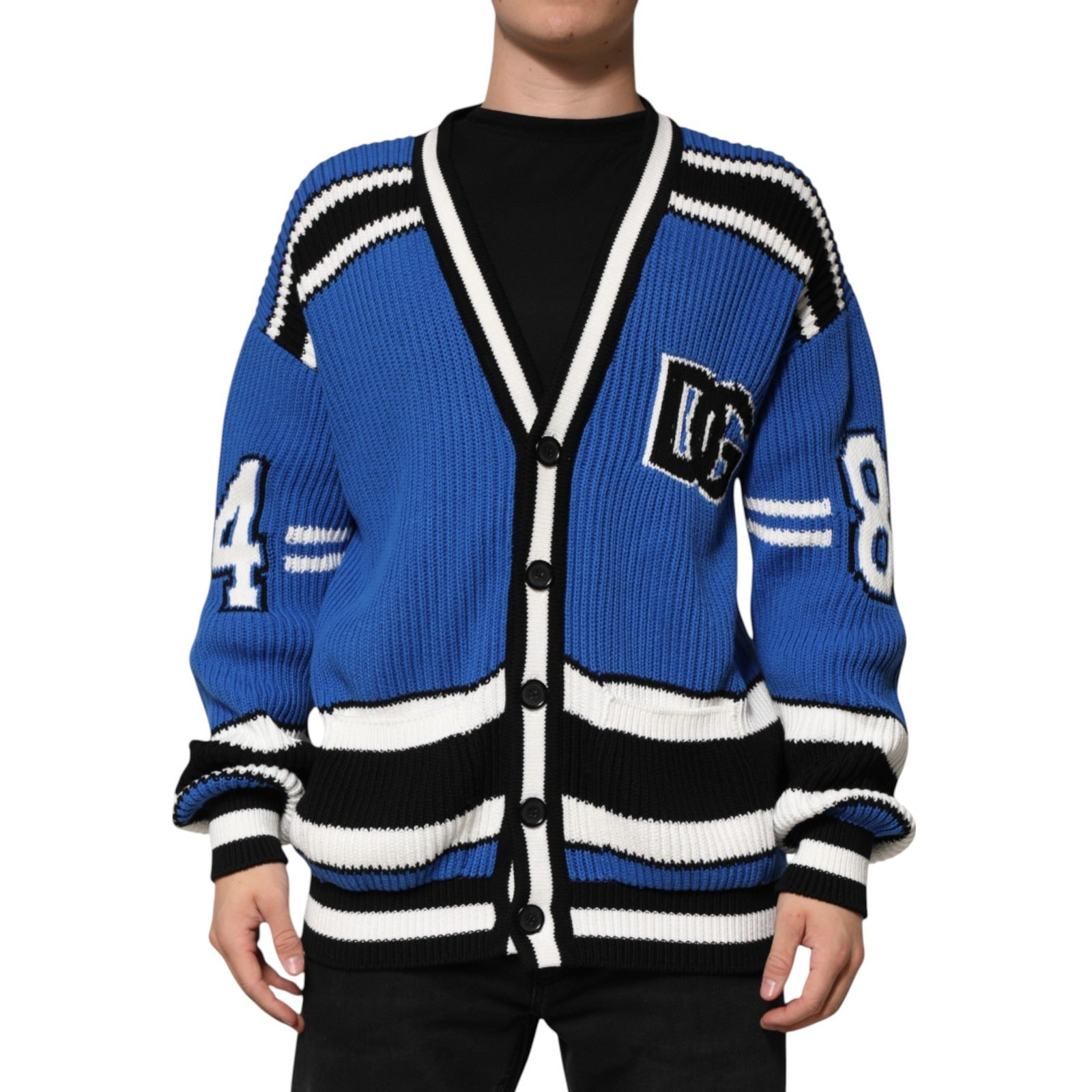 Dolce & Gabbana Blue Cotton Logo Patch Ribbed Knit Cardigan Men's Sweater