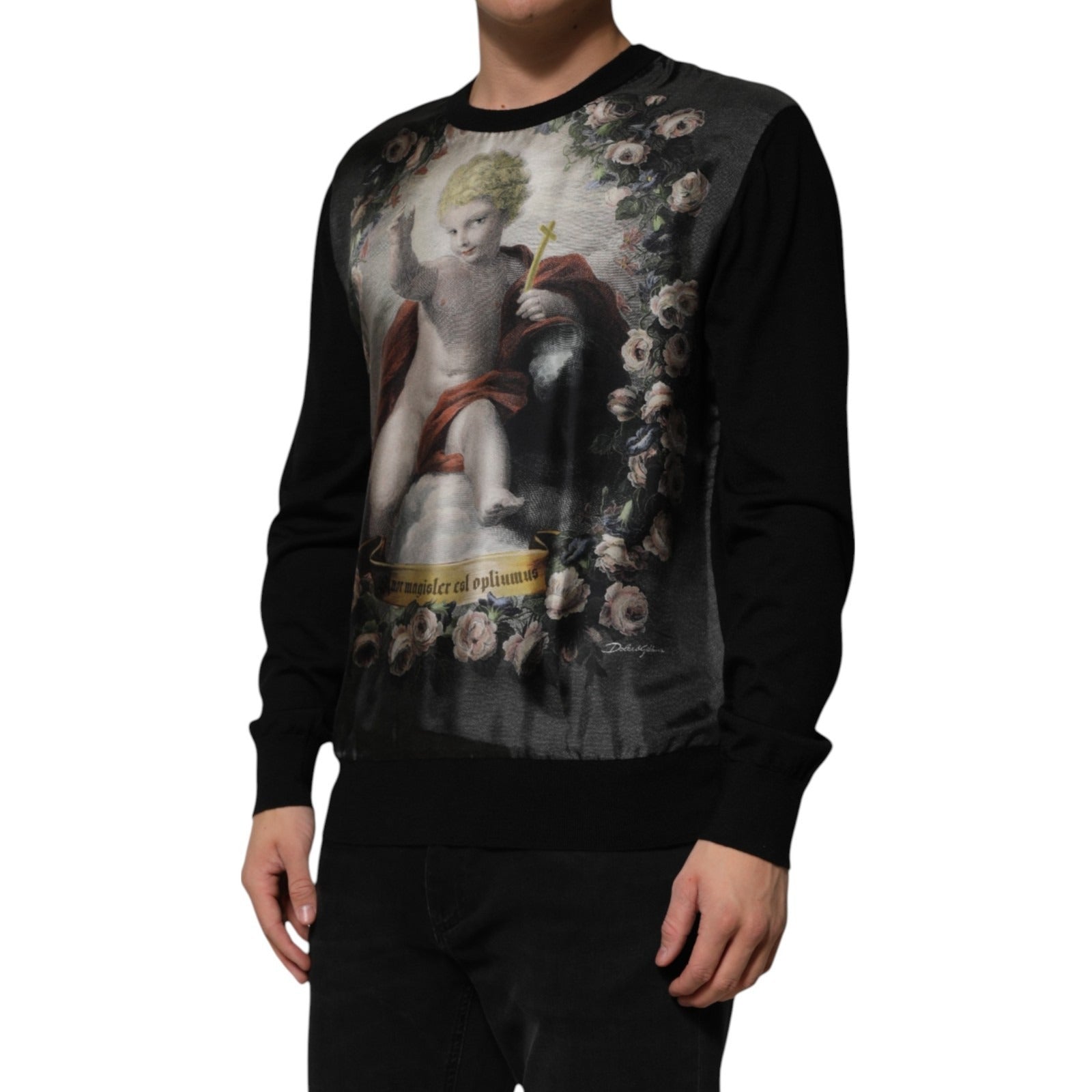 Dolce & Gabbana Black Cashmere Cherub Print Baroque Men's Sweater