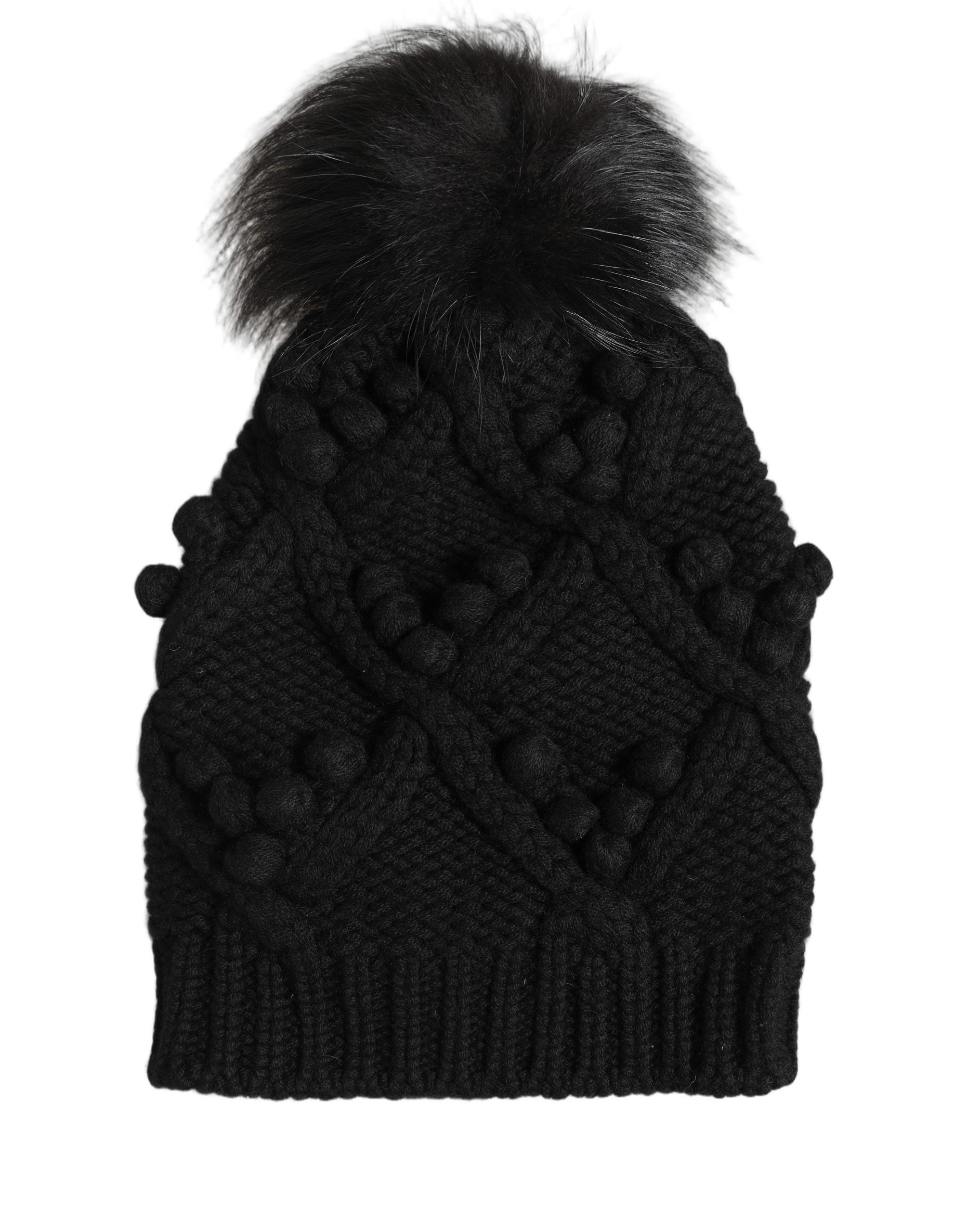 Dolce & Gabbana Black Cashmere Knitted Fur Pom-Pom Beanie One Size Women's Hat