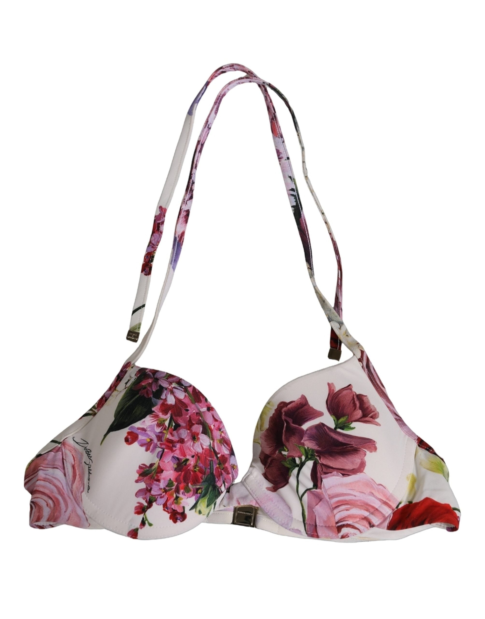 Dolce & Gabbana White Floral Print Nylon Beachwear Bikini Women's Top