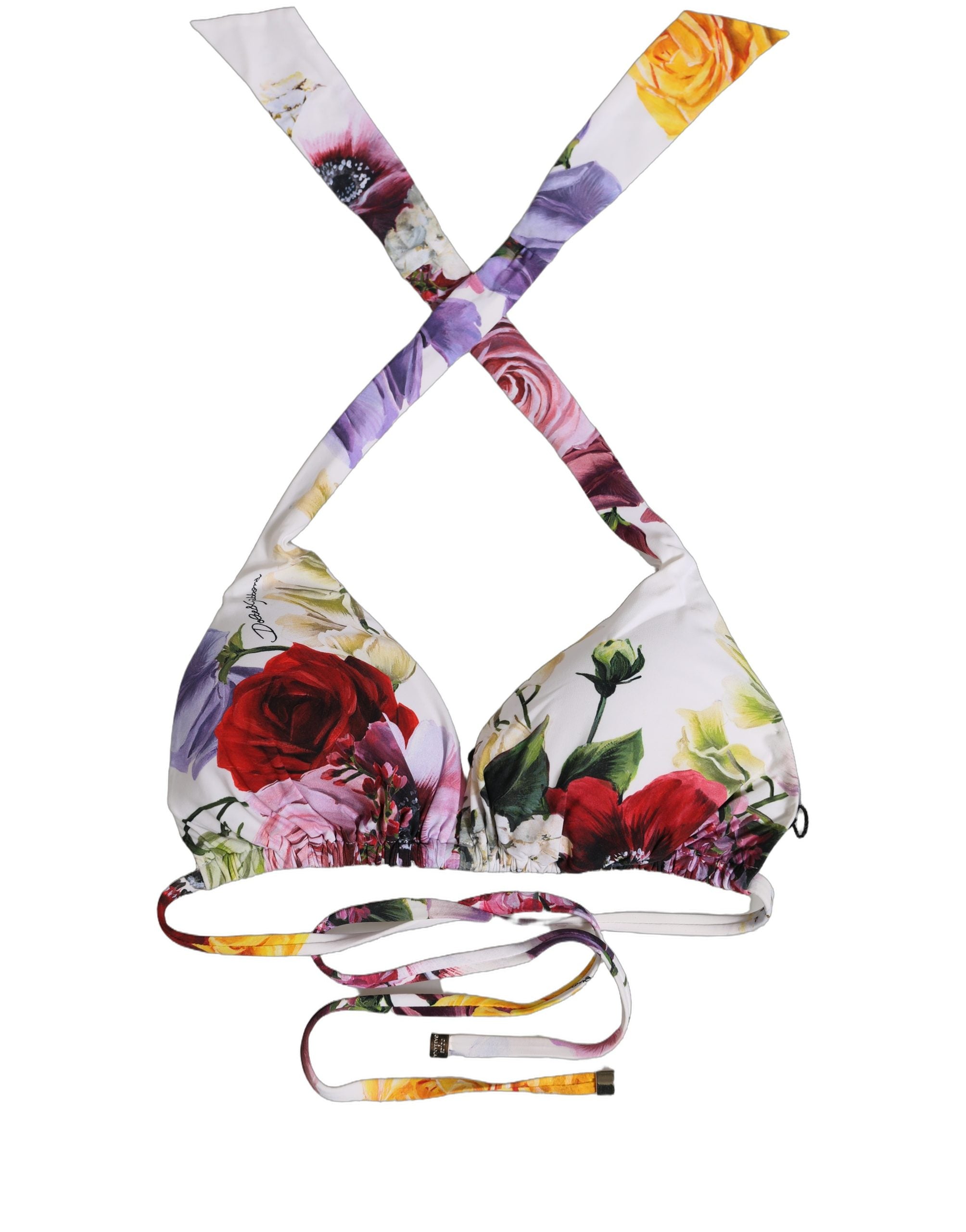 Dolce & Gabbana White Floral Print Triangle Beachwear Bikini Women's Top