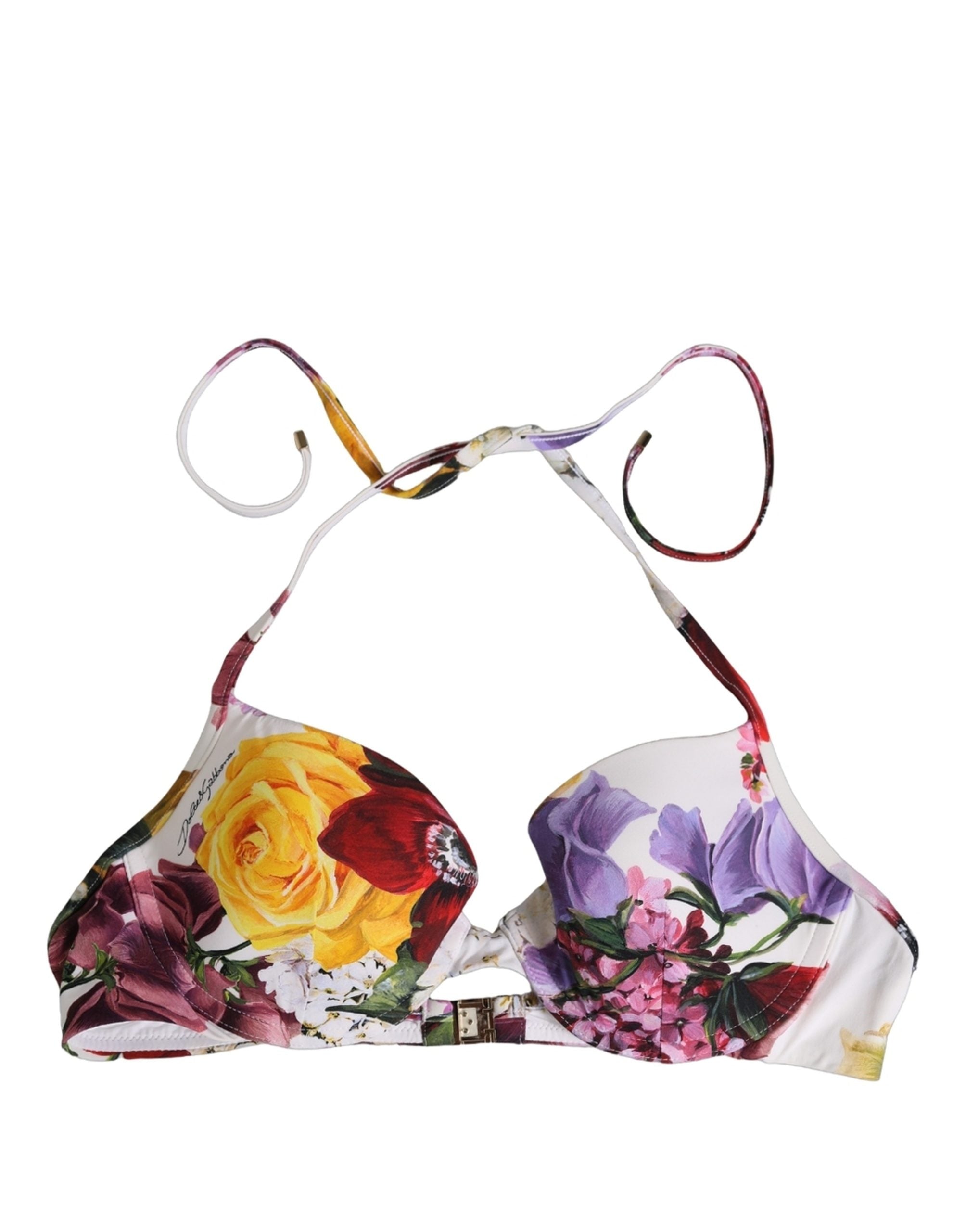 Dolce & Gabbana White Floral Print Nylon Beachwear Bikini Women's Top