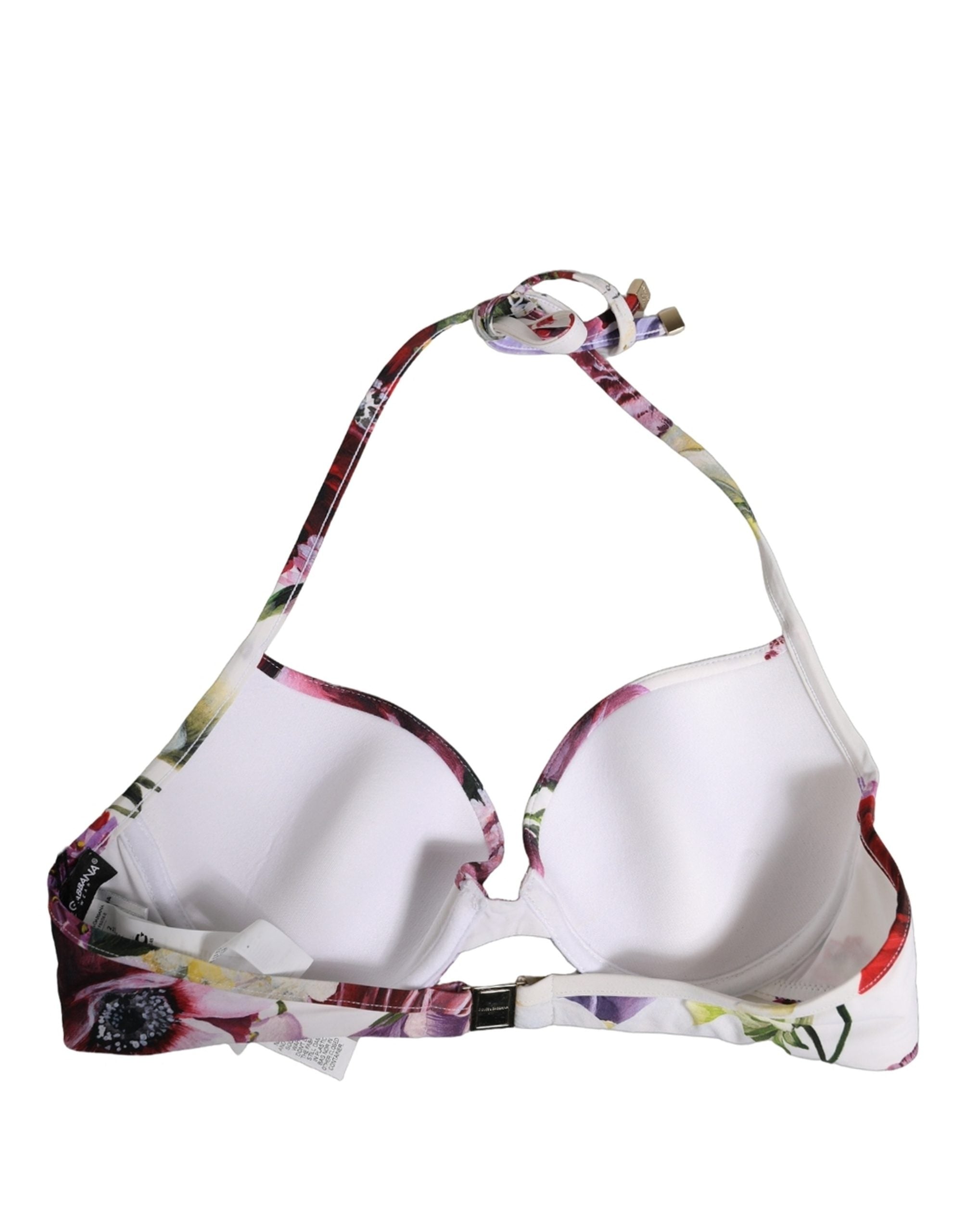 Dolce & Gabbana White Floral Print Nylon Beachwear Bikini Women's Top