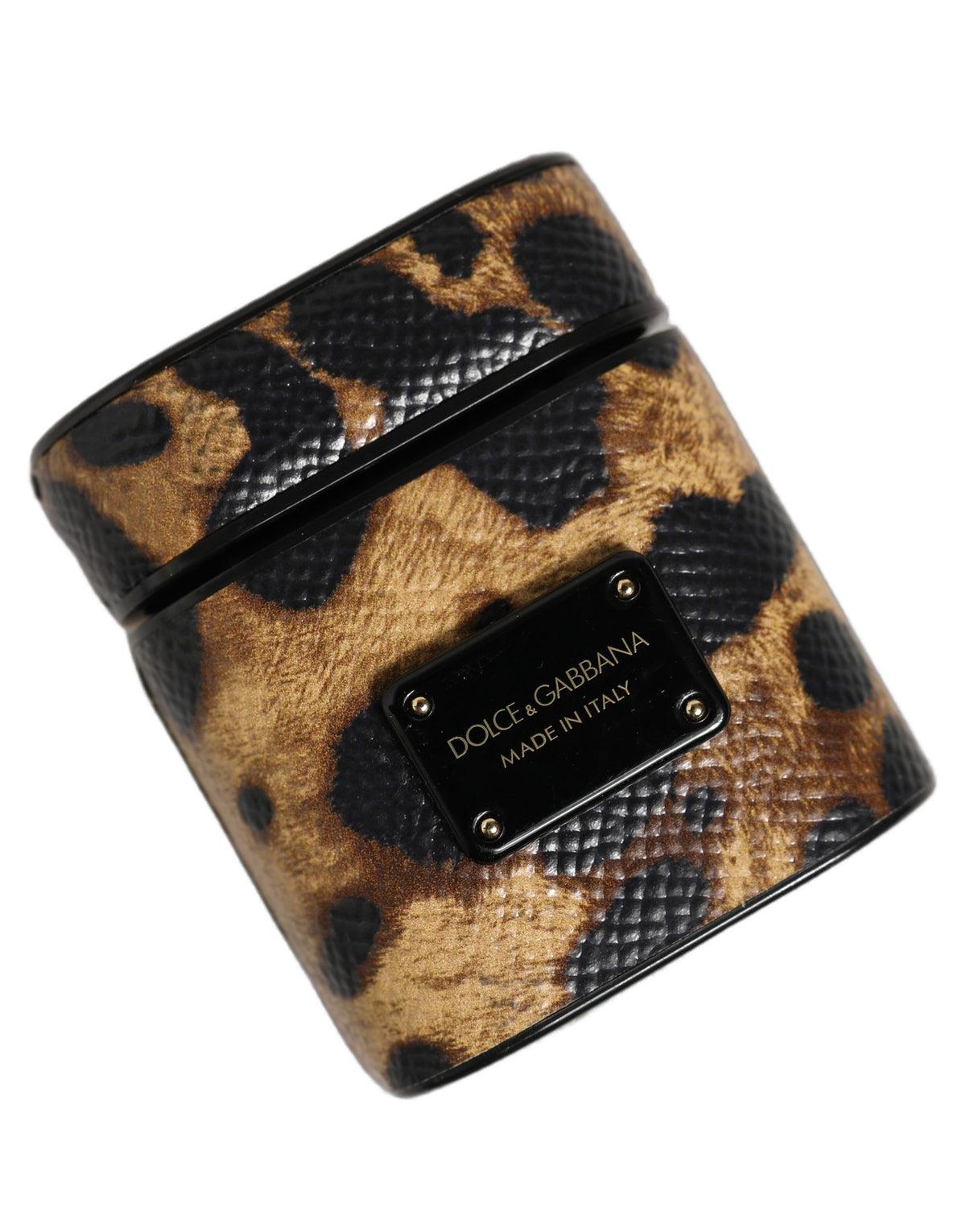 Dolce & Gabbana Brown Leopard Calf Leather Metal Logo Plaque Airpods Women's Case