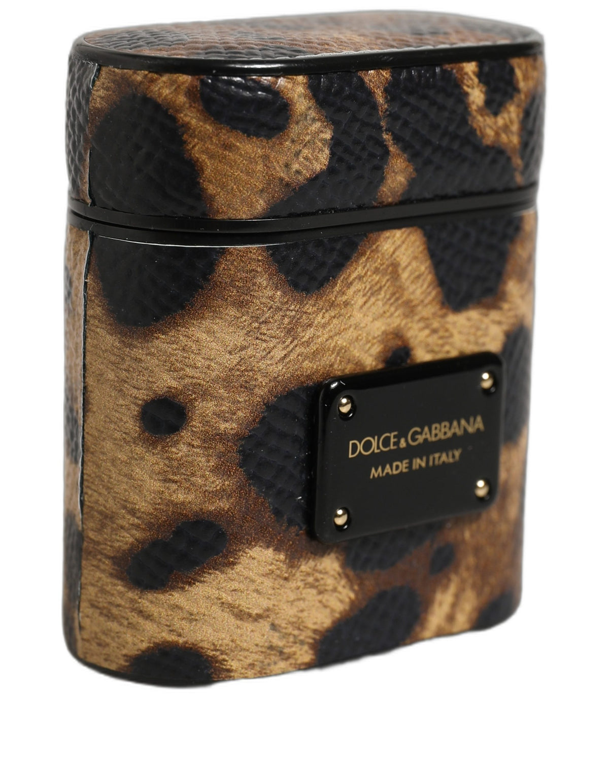 Dolce & Gabbana Brown Leopard Calf Leather Metal Logo Plaque Airpods Women's Case