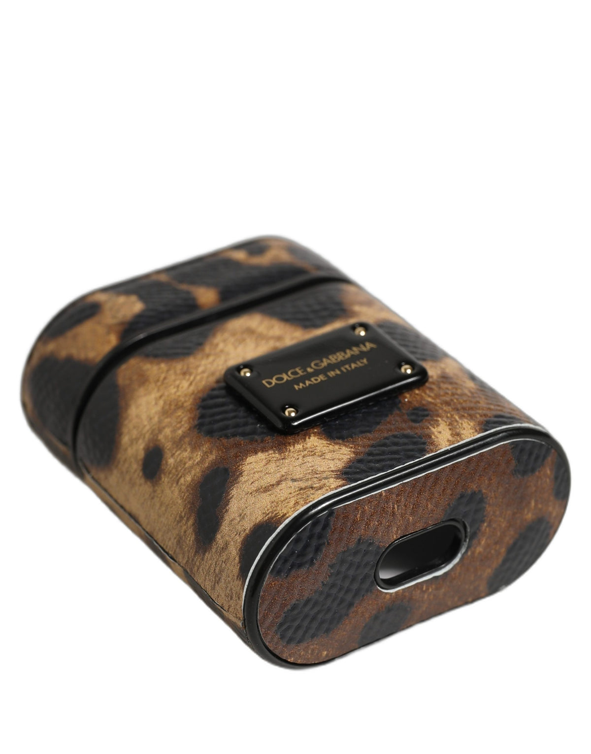 Dolce & Gabbana Brown Leopard Calf Leather Metal Logo Plaque Airpods Women's Case