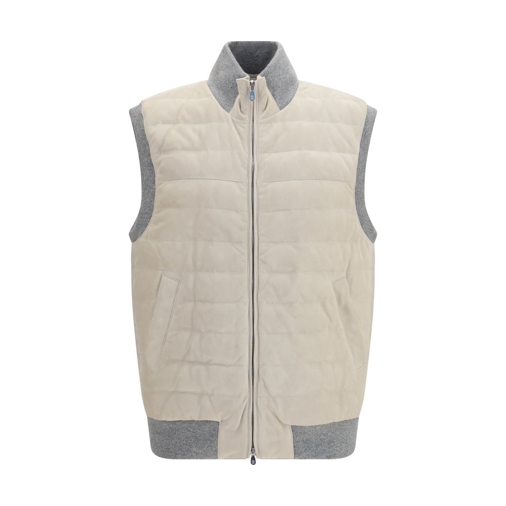 Brunello Cucinelli Beige Calf Leather Bos Taurus Sleeveless Men's Jacket