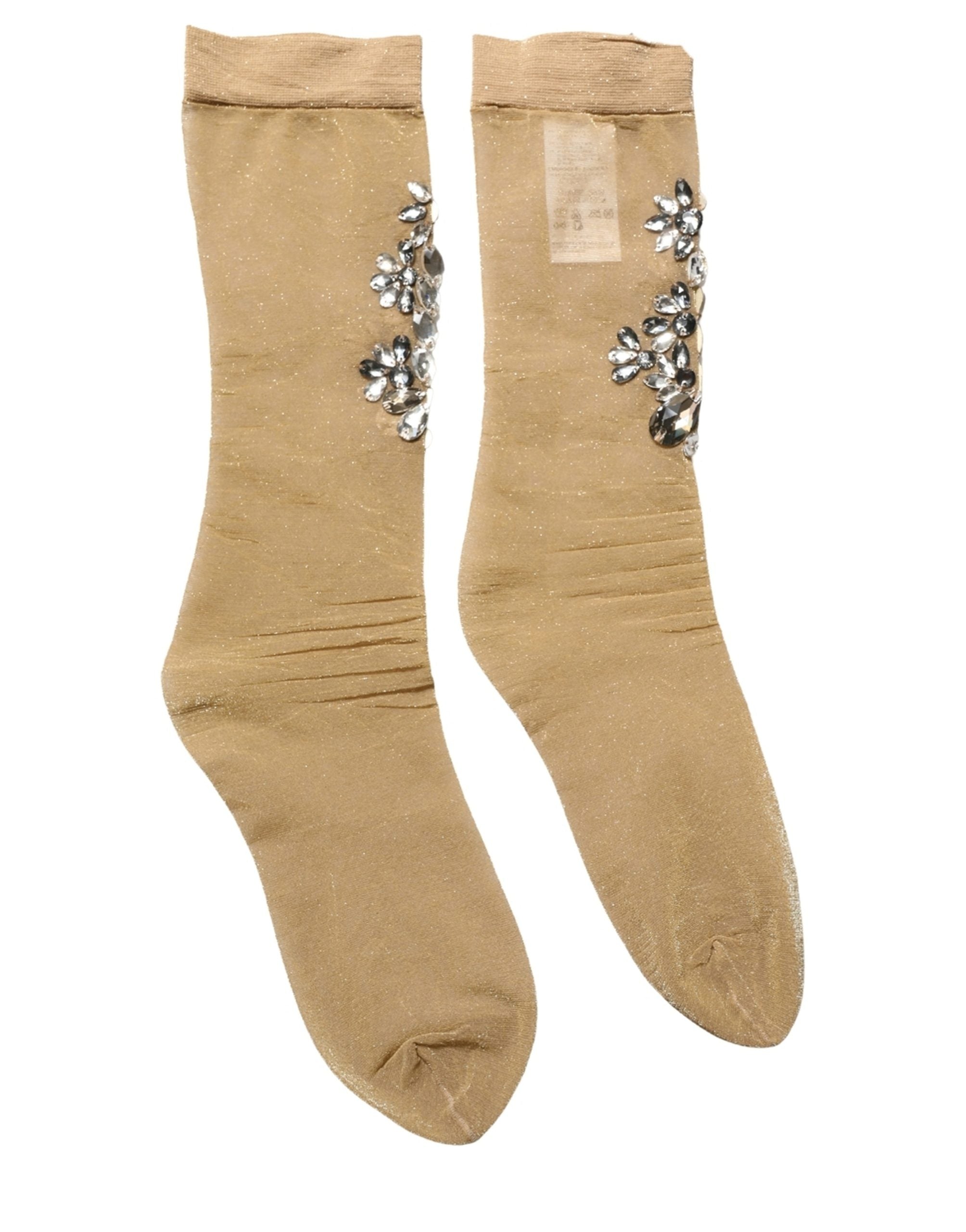 Dolce & Gabbana Brown Stretch Floral Clear Crystal Stockings Women's Socks (Pre-Owned)