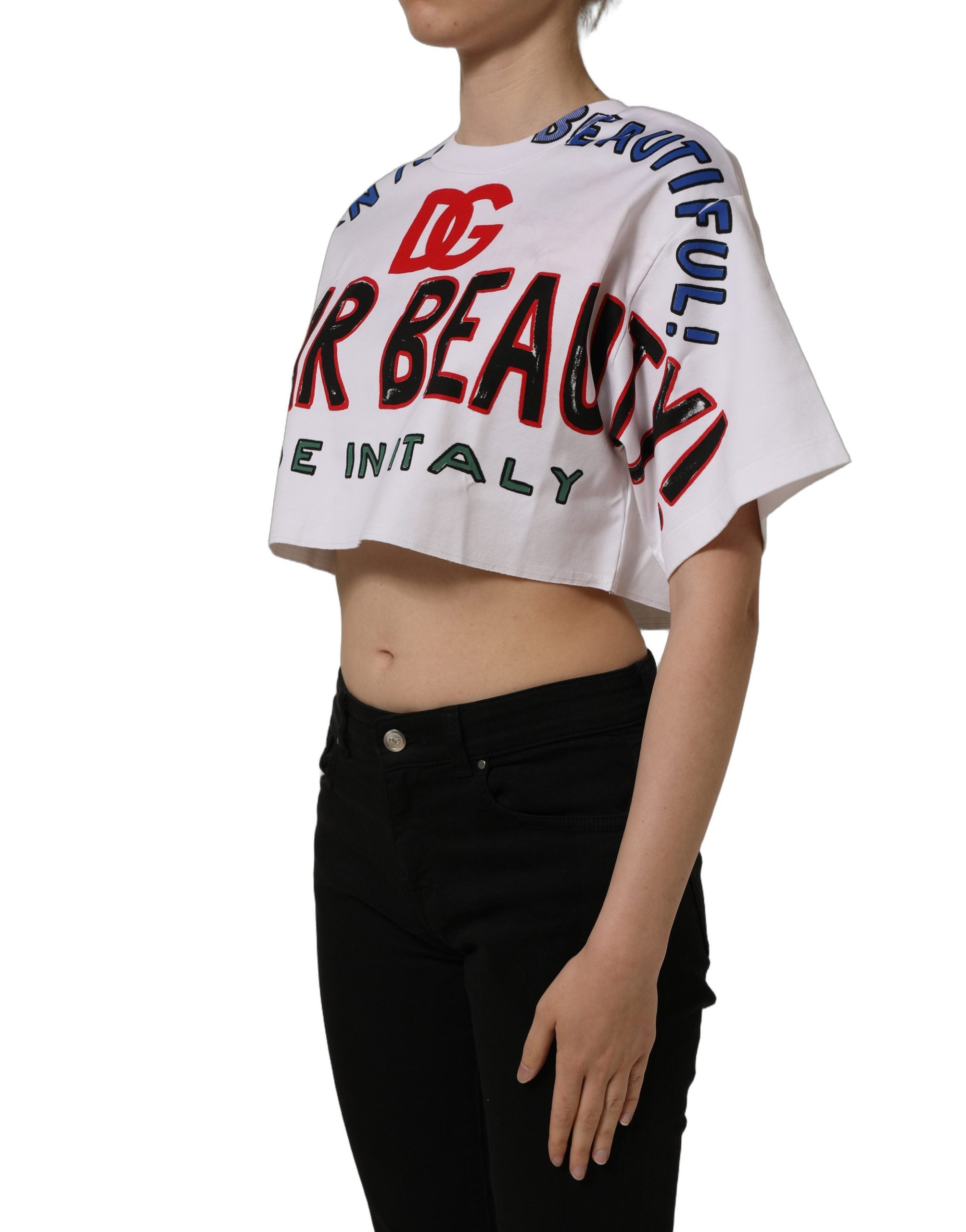 Dolce & Gabbana White Graphic Cotton Jersey Cropped Women's T-shirt (Pre-Owned)