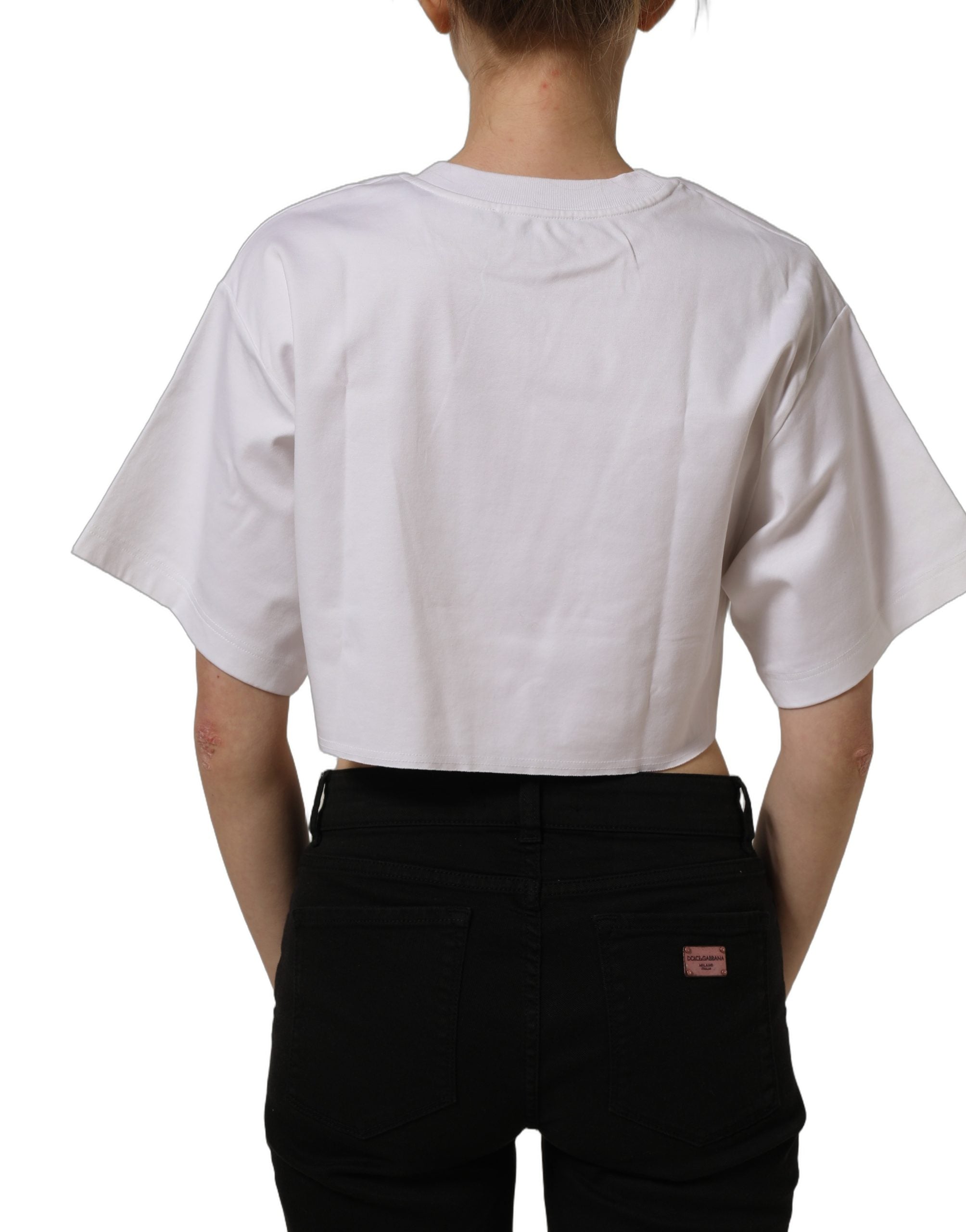 Dolce & Gabbana White Graphic Cotton Jersey Cropped Women's T-shirt (Pre-Owned)