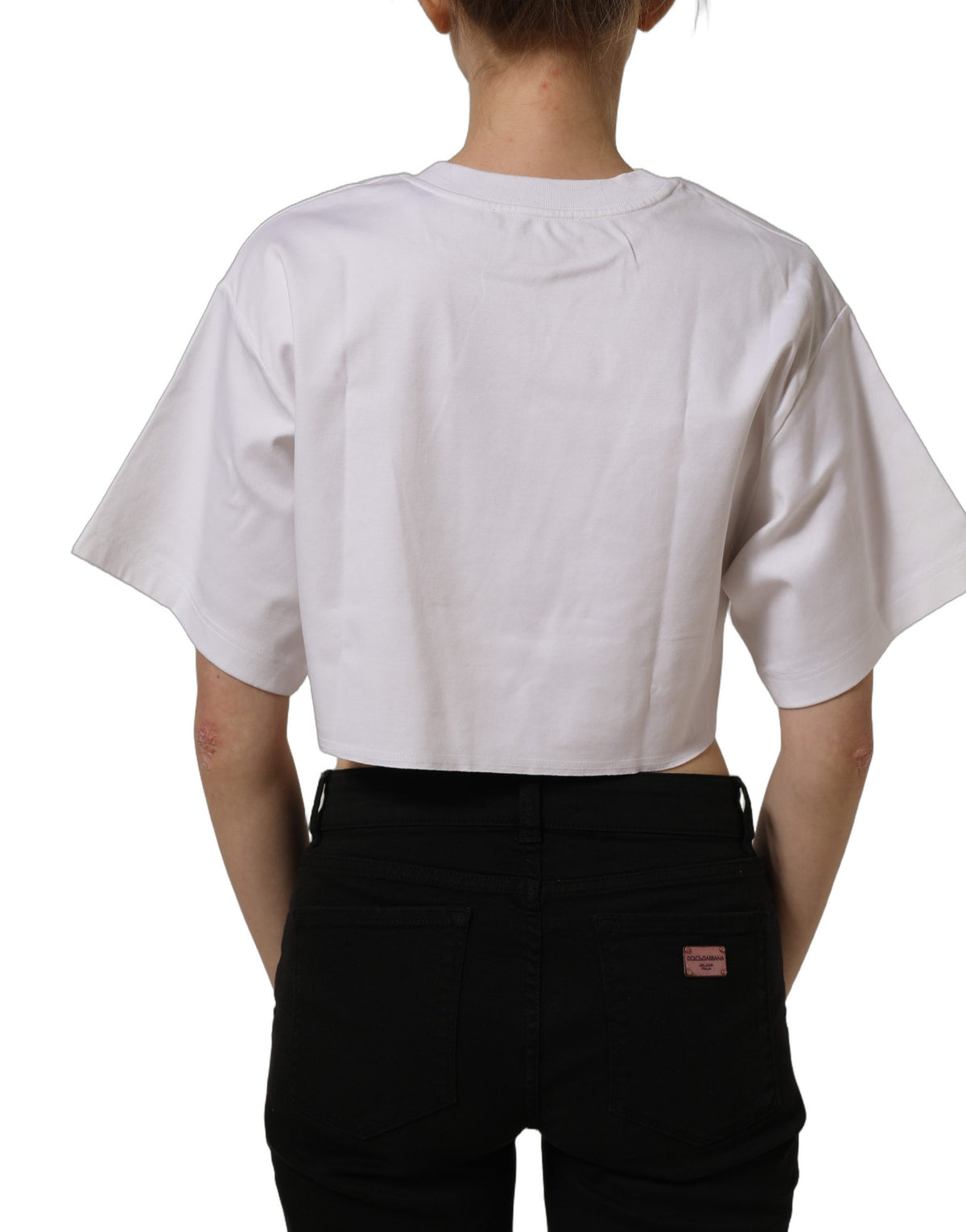 Dolce & Gabbana White Graphic Cotton Jersey Cropped Women's T-shirt (Pre-Owned)
