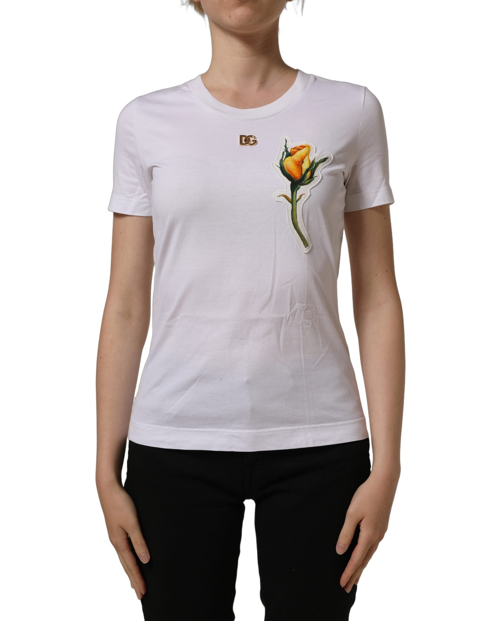 Dolce & Gabbana White Cotton Rose Patch Crew Neck Women's T-shirt