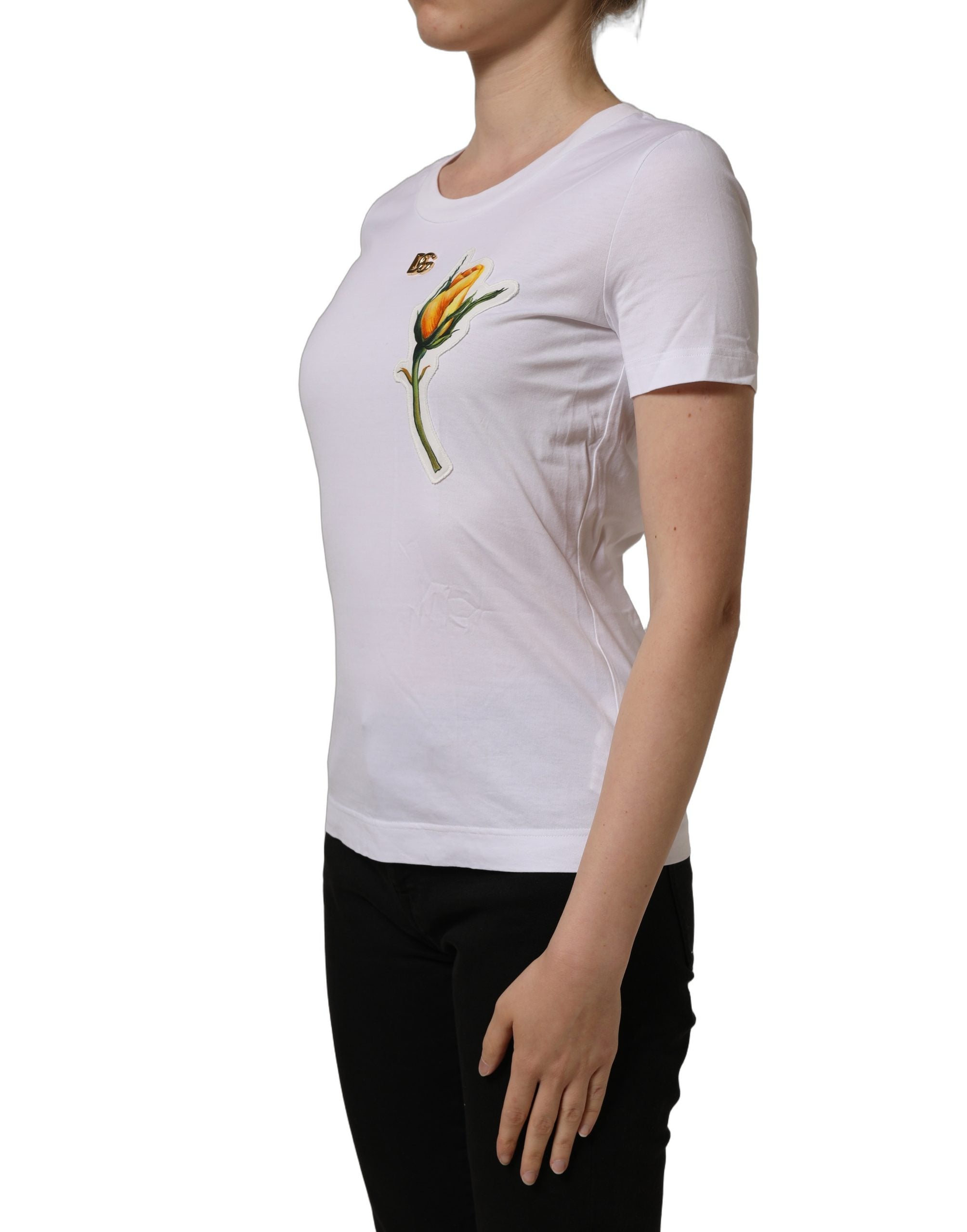 Dolce & Gabbana White Cotton Rose Patch Crew Neck Women's T-shirt