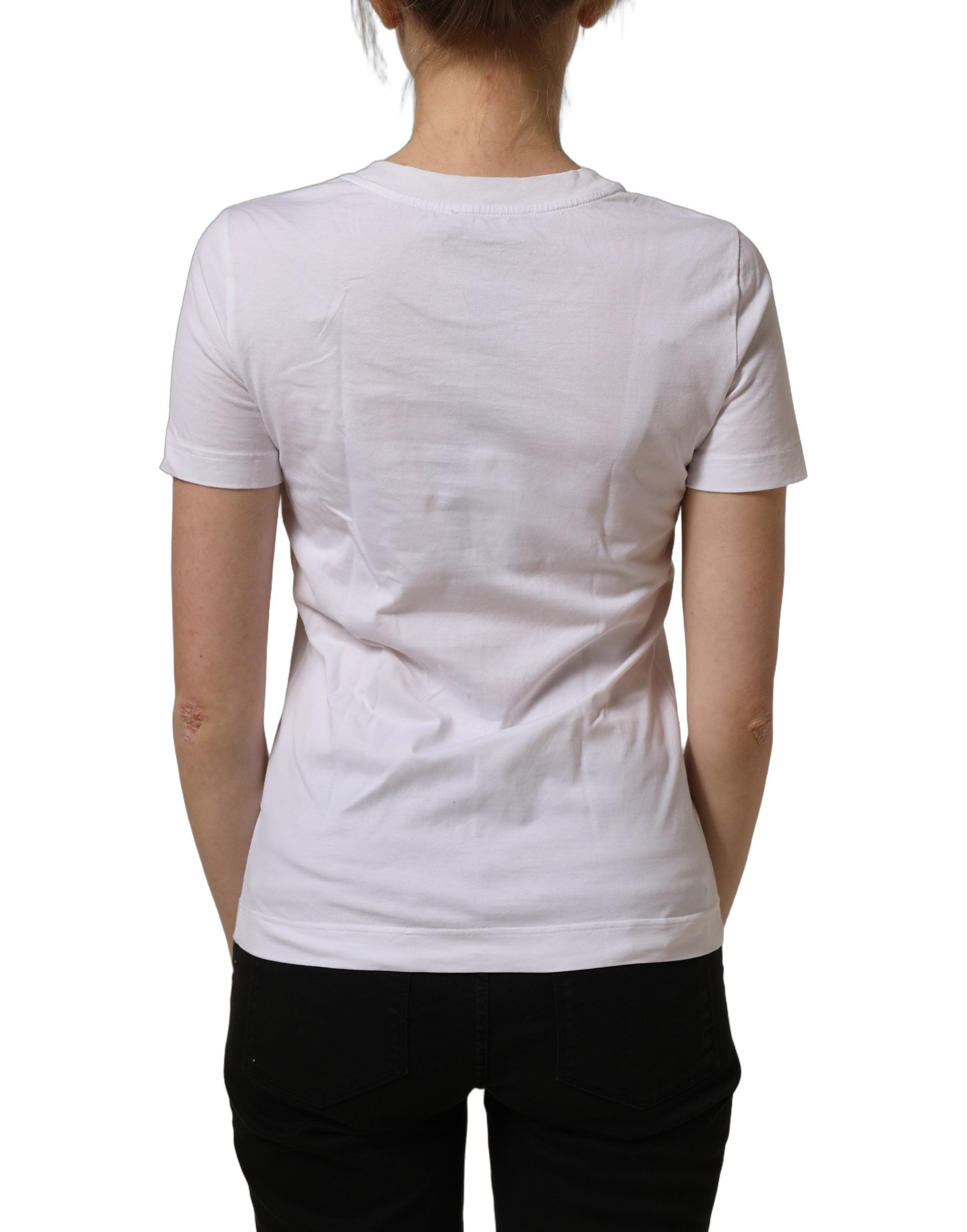Dolce & Gabbana White Cotton Rose Patch Crew Neck Women's T-shirt