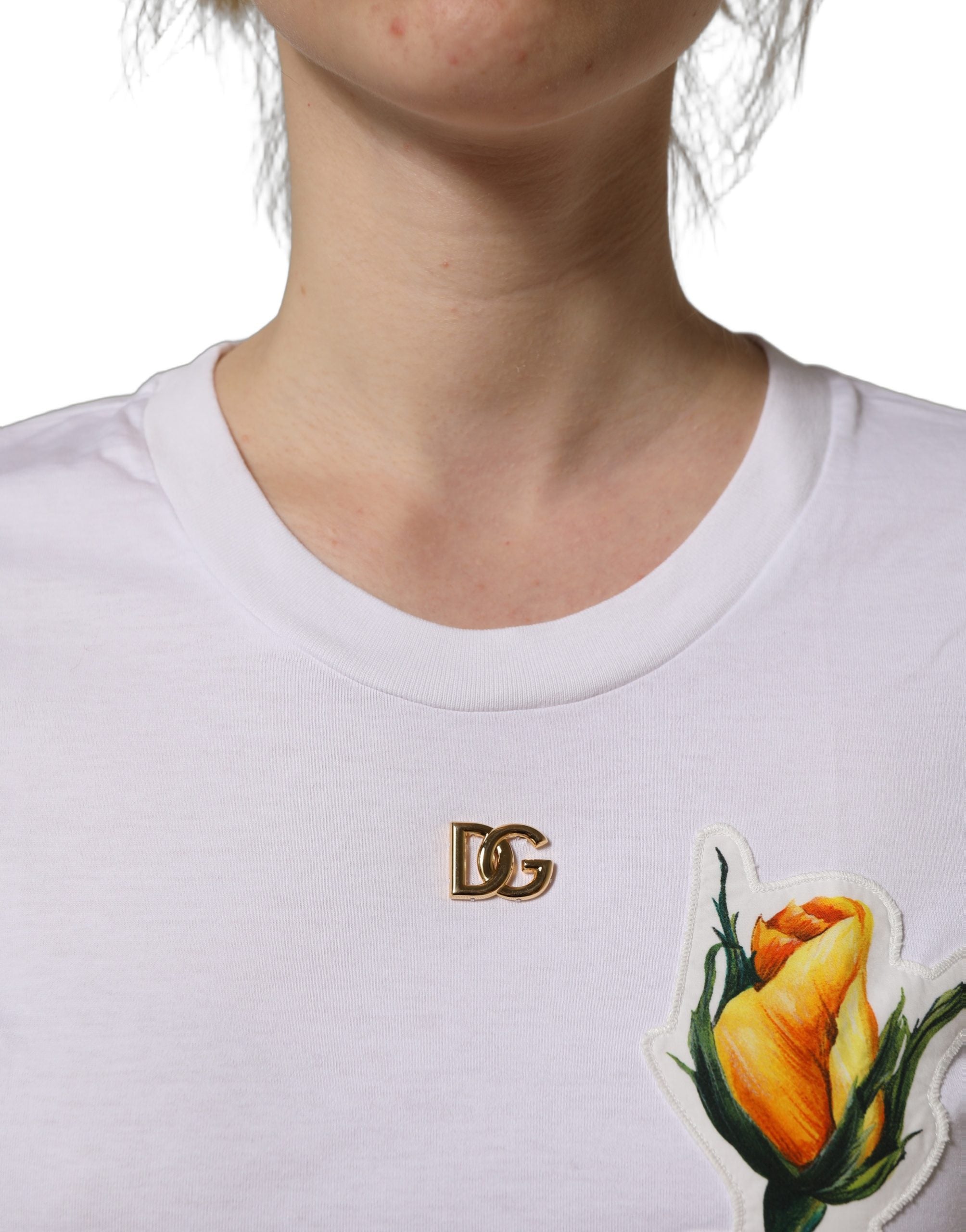 Dolce & Gabbana White Cotton Rose Patch Crew Neck Women's T-shirt