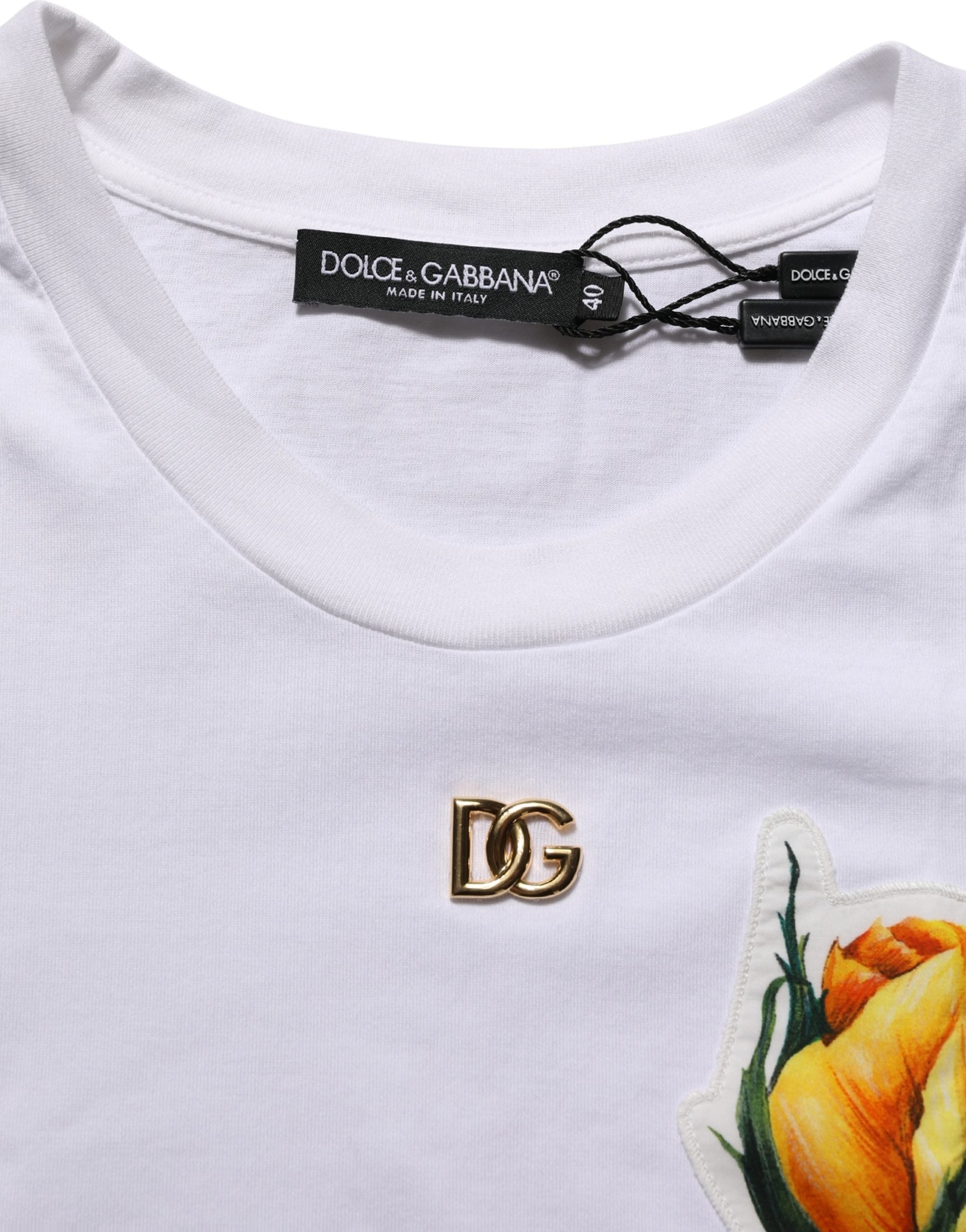 Dolce & Gabbana White Cotton Rose Patch Crew Neck Women's T-shirt