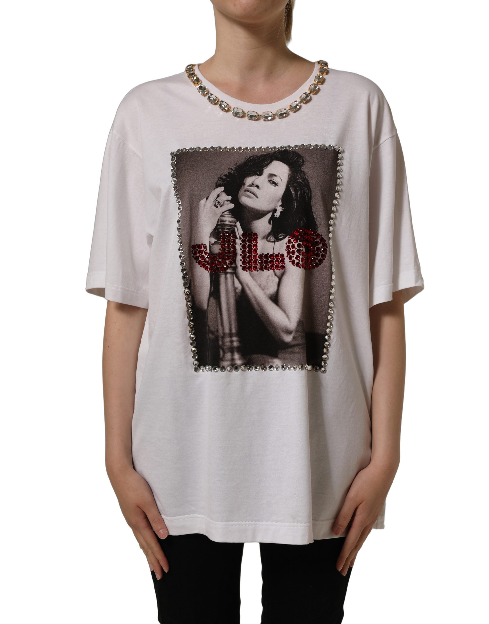 Dolce & Gabbana White Printed Jeweled Round Neck Women's T-shirt (Pre-Owned)