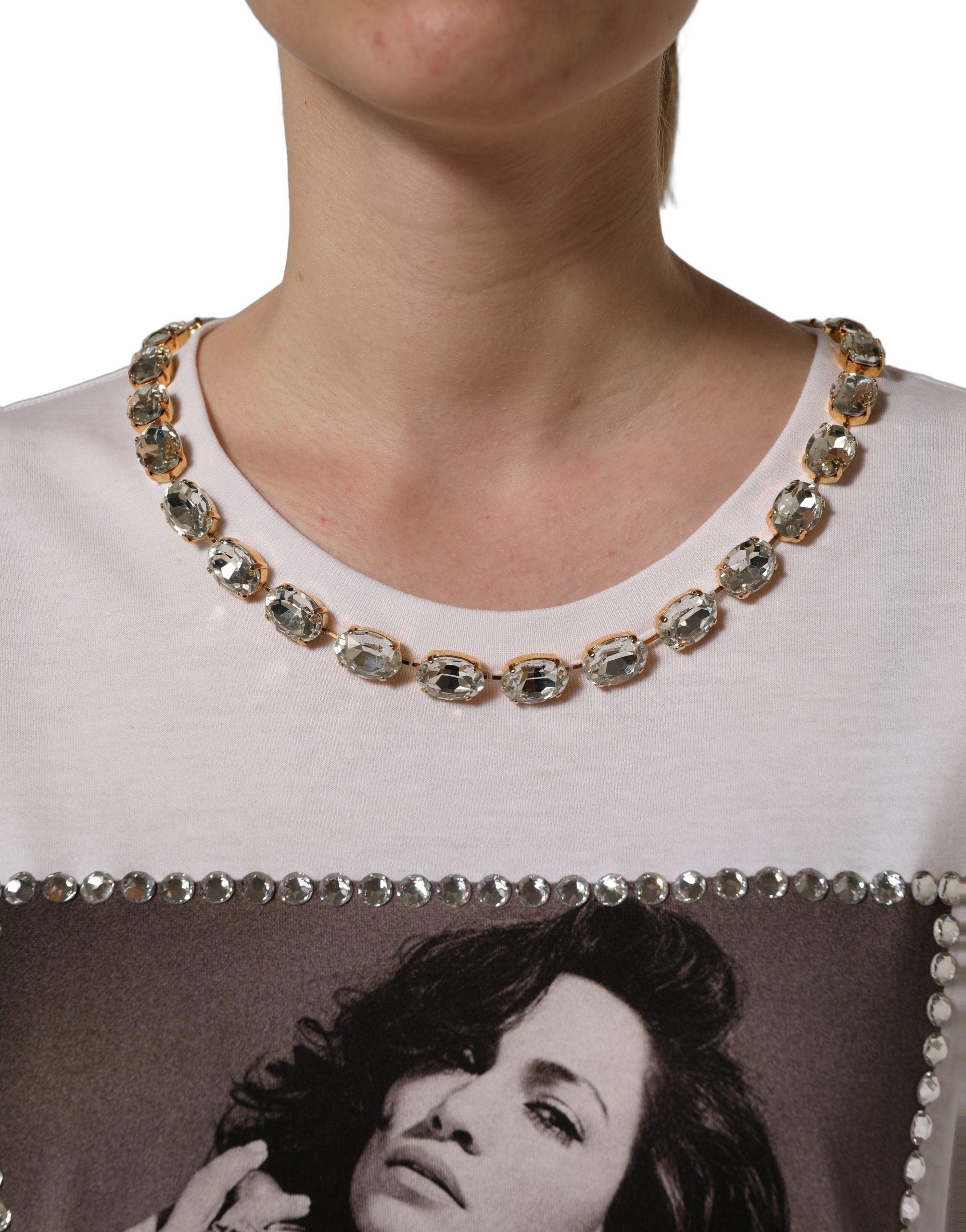 Dolce & Gabbana White Printed Jeweled Round Neck Women's T-shirt (Pre-Owned)