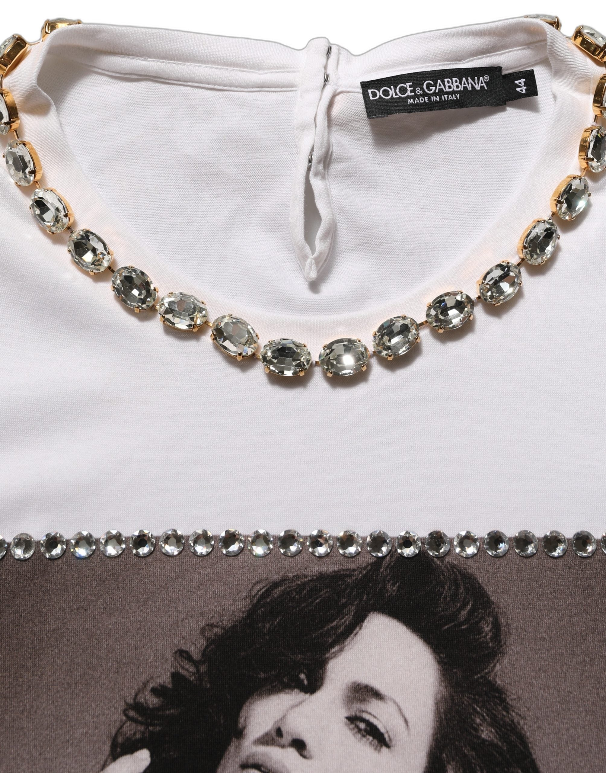 Dolce & Gabbana White Printed Jeweled Round Neck Women's T-shirt (Pre-Owned)