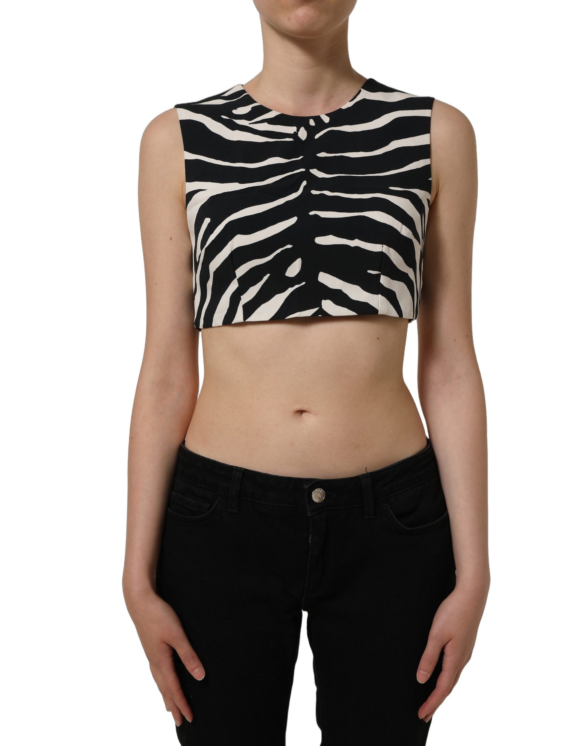 Dolce & Gabbana Black White Zebra Sleeveless Cropped Tank Women's Top