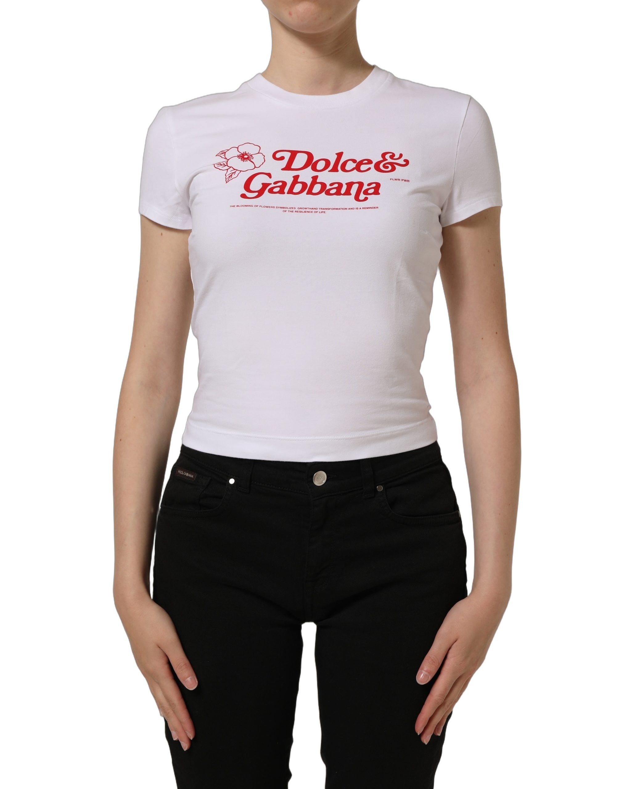 Dolce & Gabbana White Floral Logo Print Crew Neck Women's T-shirt