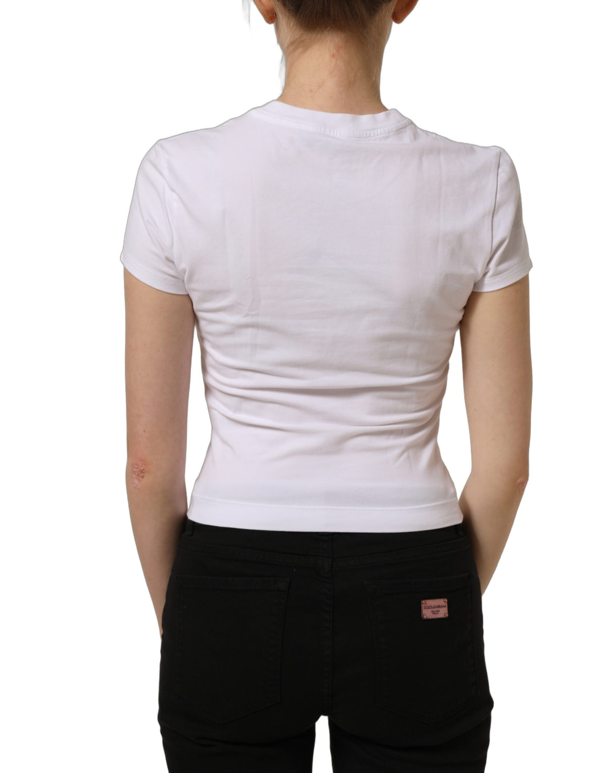 Dolce & Gabbana White Floral Logo Print Crew Neck Women's T-shirt