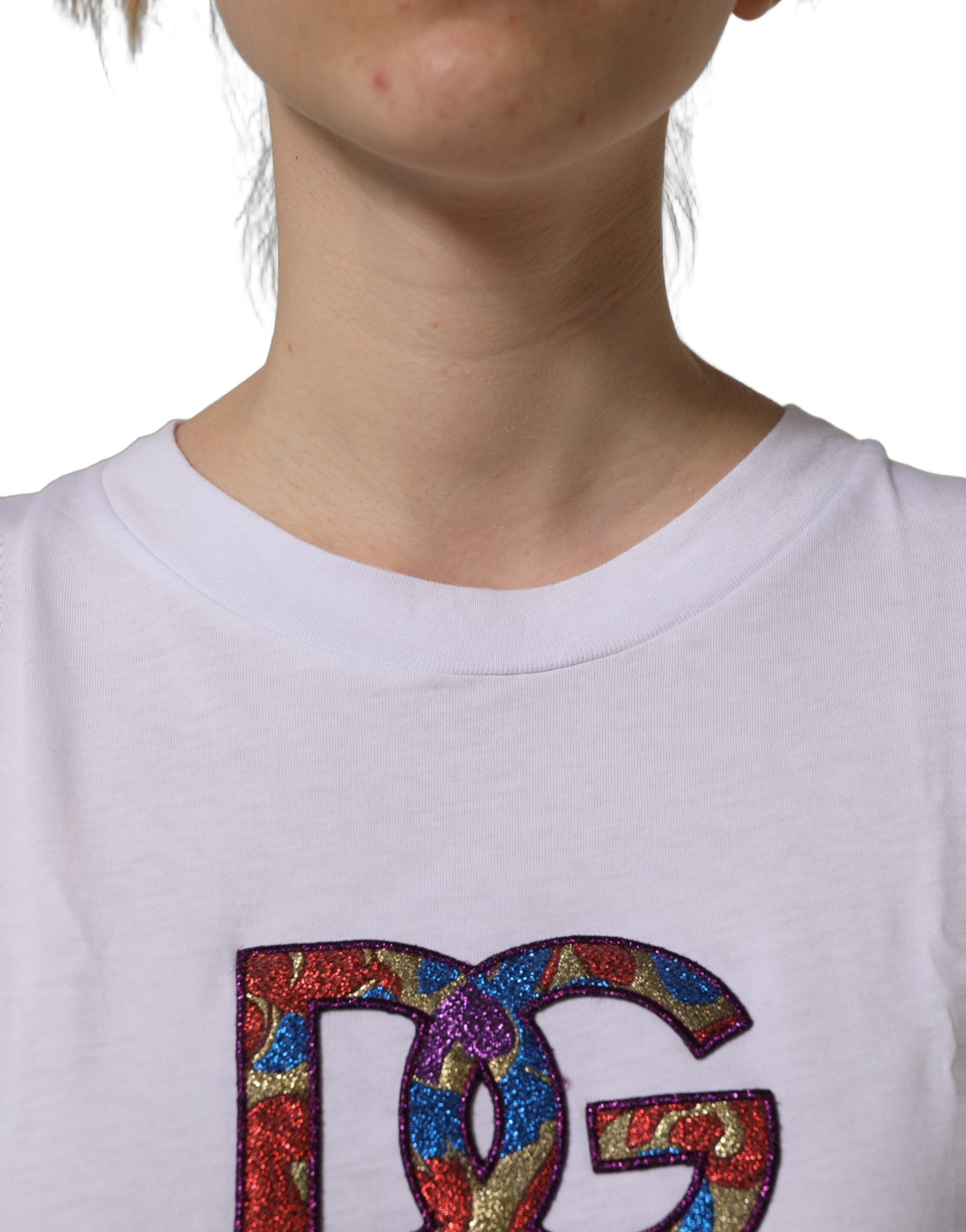 Dolce & Gabbana White Logo Patch Cotton Crew Neck Women's T-shirt