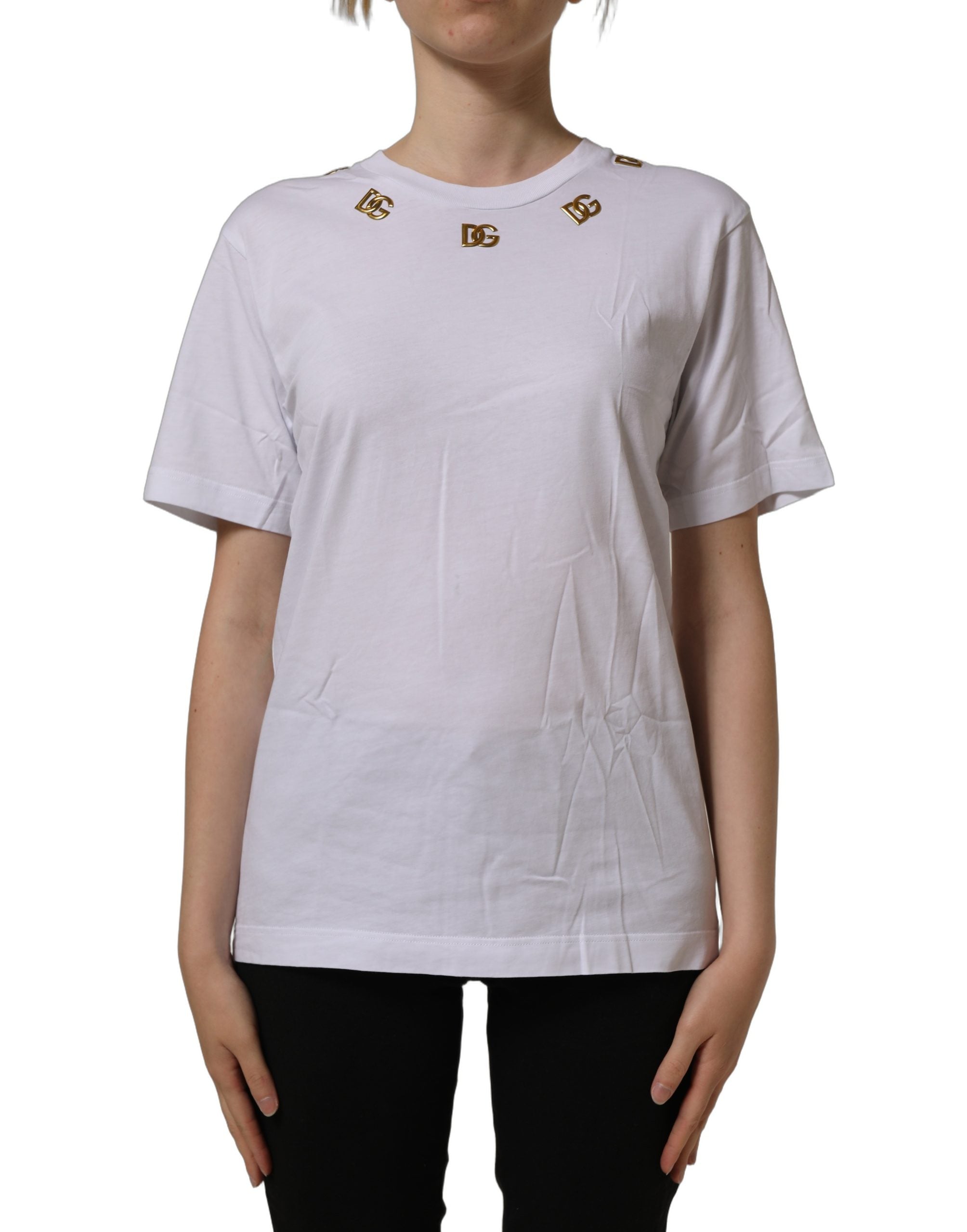 Dolce & Gabbana White Cotton Gold DG Logo Crew Neck Women's T-shirt (Pre-Owned)