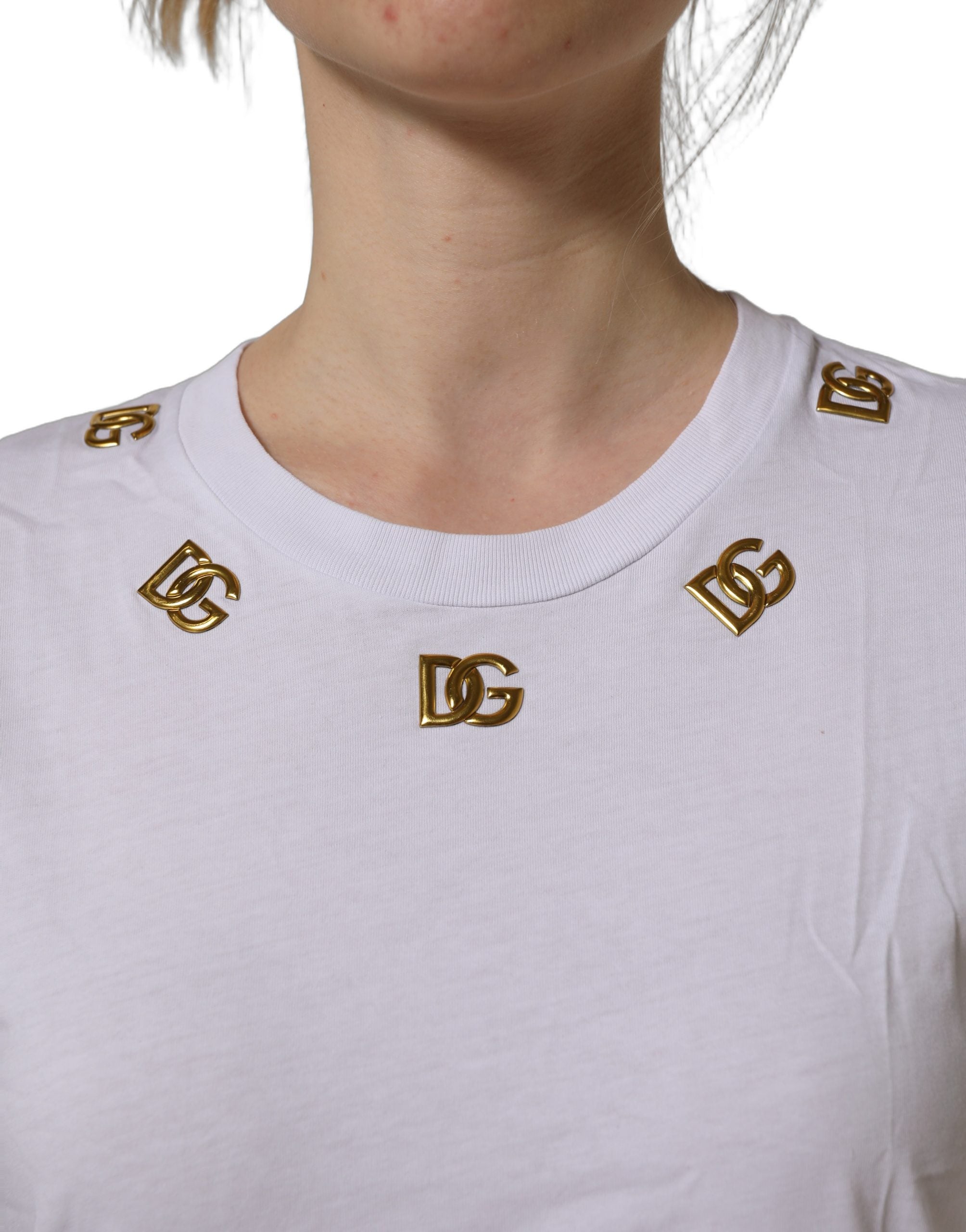 Dolce & Gabbana White Cotton Gold DG Logo Crew Neck Women's T-shirt (Pre-Owned)