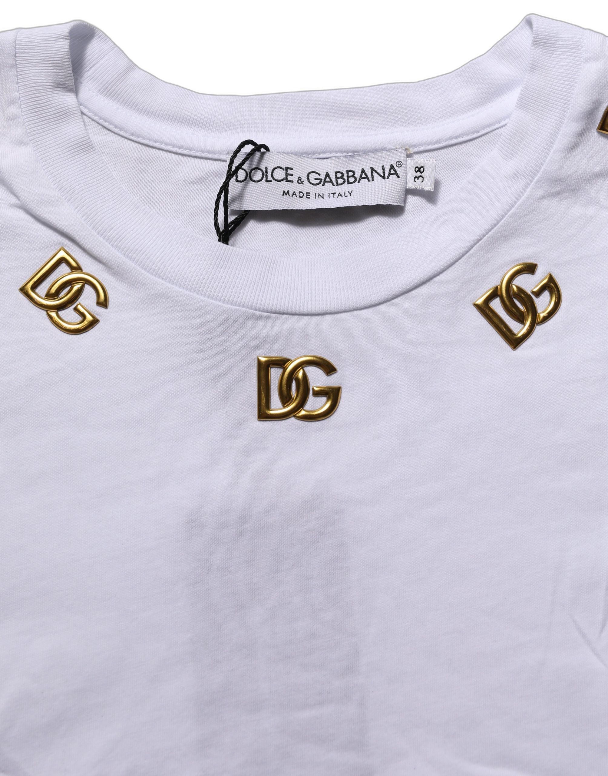 Dolce & Gabbana White Cotton Gold DG Logo Crew Neck Women's T-shirt (Pre-Owned)