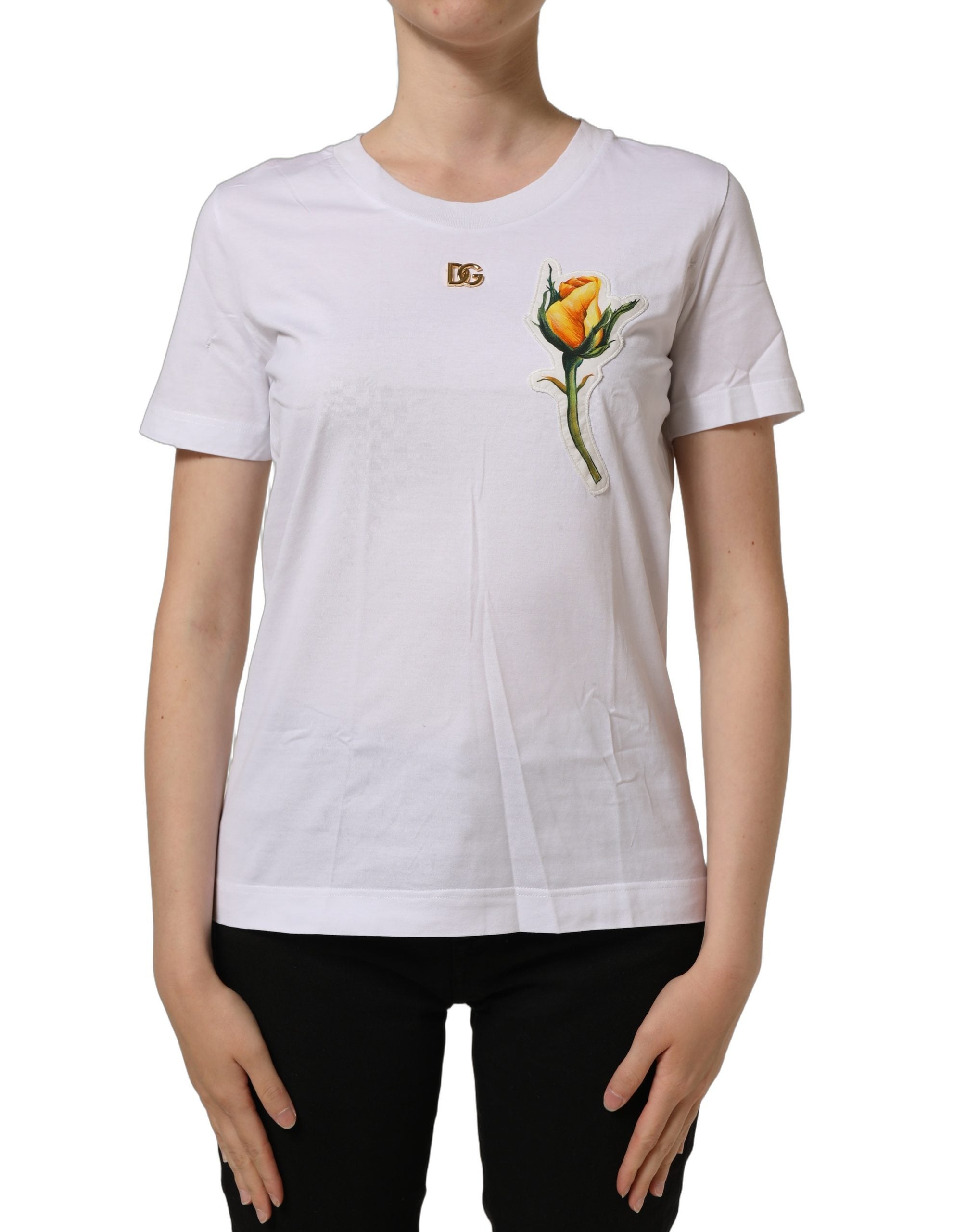 Dolce & Gabbana White Cotton Rose Patch Crew Neck Women's T-shirt (Pre-Owned)