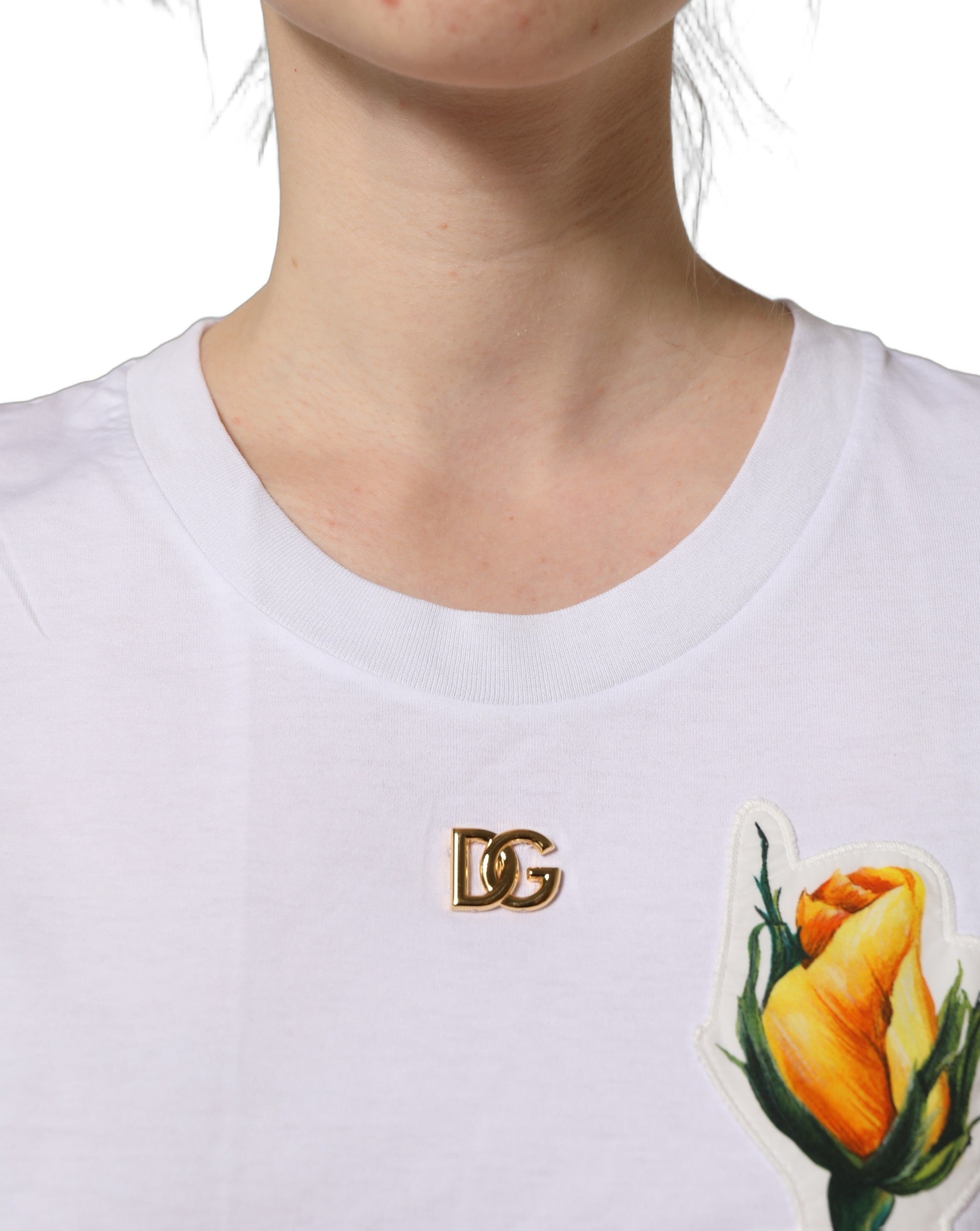 Dolce & Gabbana White Cotton Rose Patch Crew Neck Women's T-shirt (Pre-Owned)