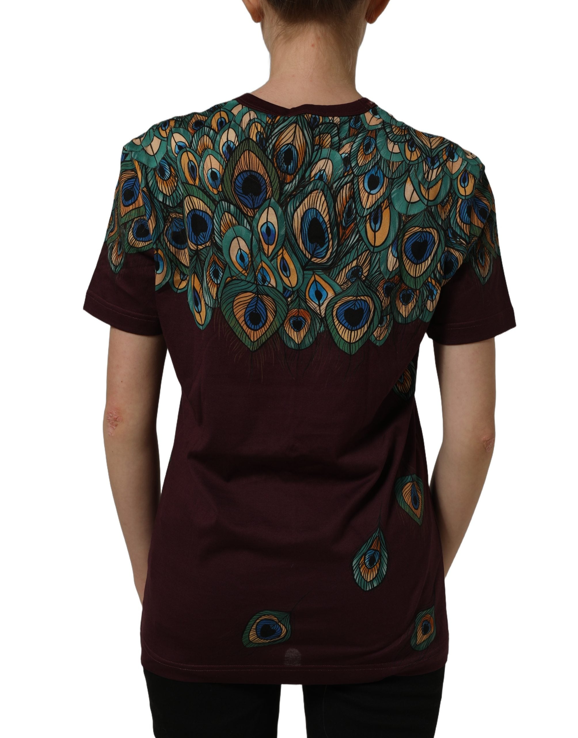 Dolce & Gabbana Burgundy Peacock Feather Round Neck Women's T-shirt