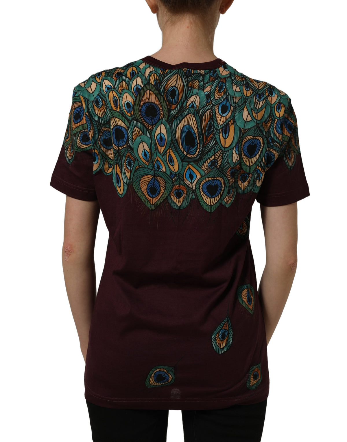 Dolce & Gabbana Burgundy Peacock Feather Round Neck Women's T-shirt
