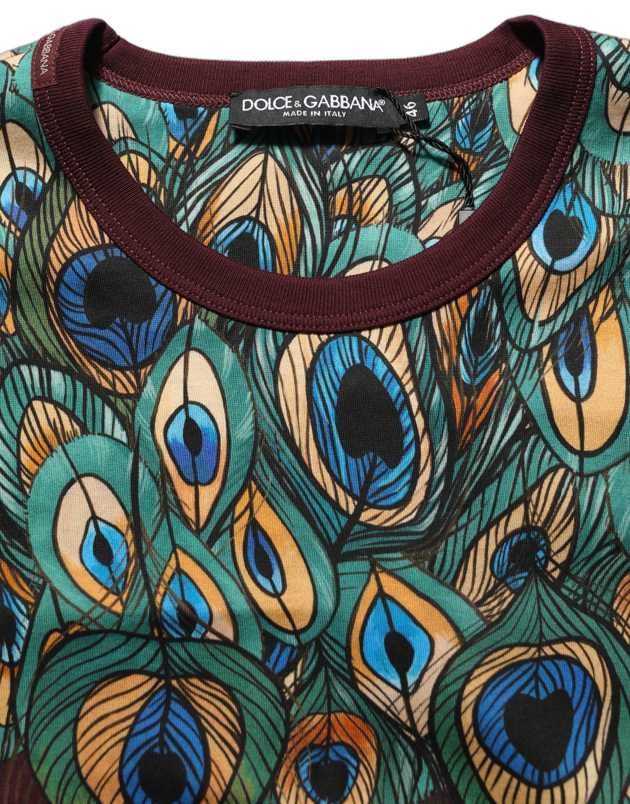 Dolce & Gabbana Burgundy Peacock Feather Round Neck Women's T-shirt
