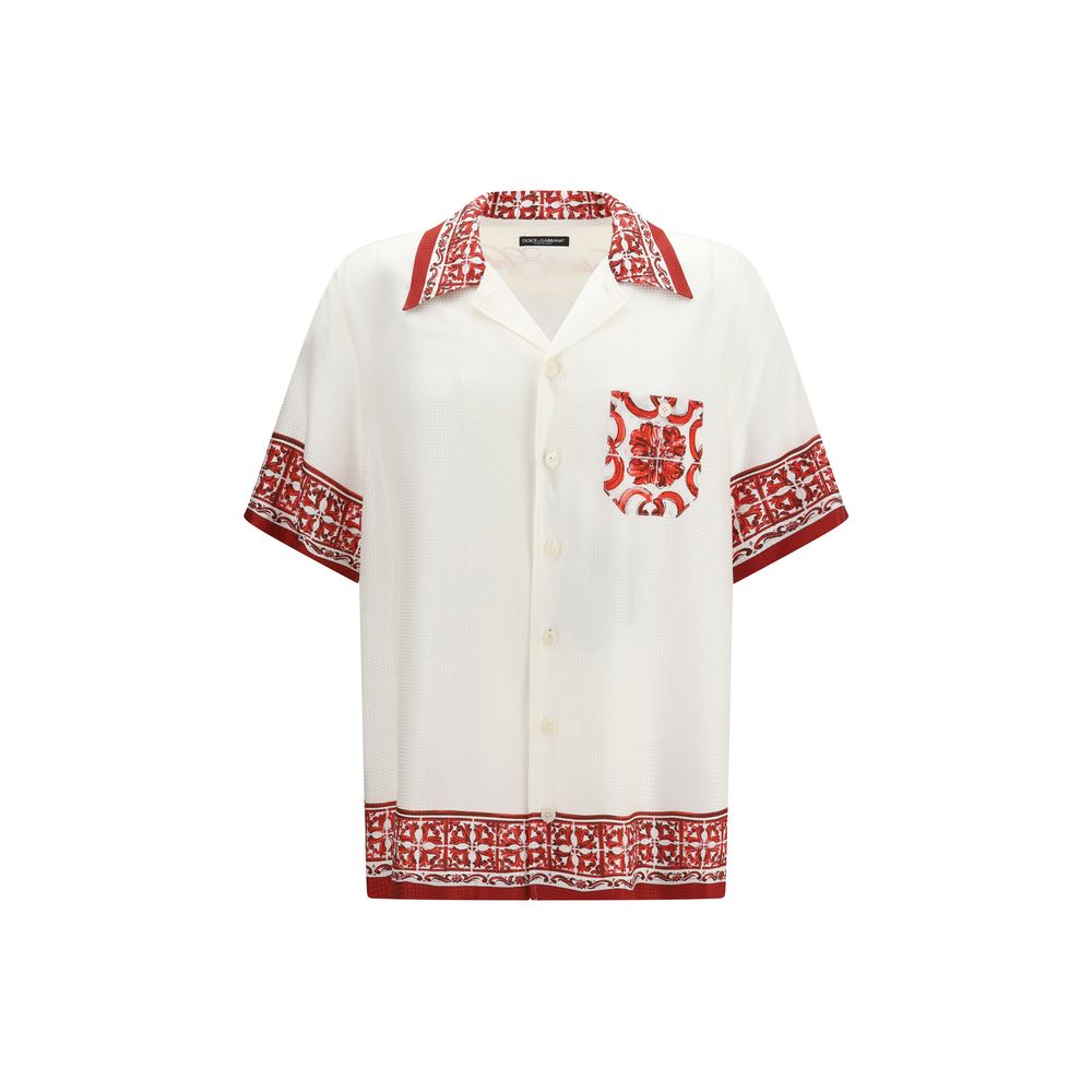 Dolce & Gabbana White Silk Pattern Men's Shirt