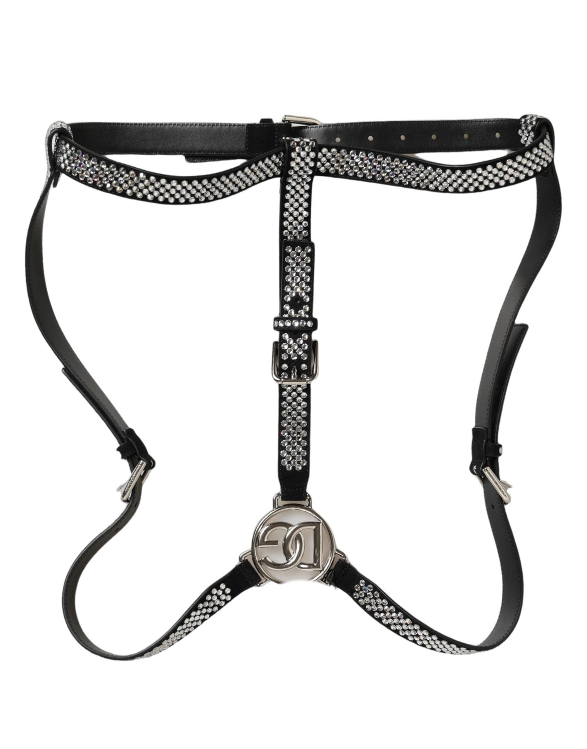 Dolce & Gabbana Black Leather Rhinestones Embellished Men Men's Suspender