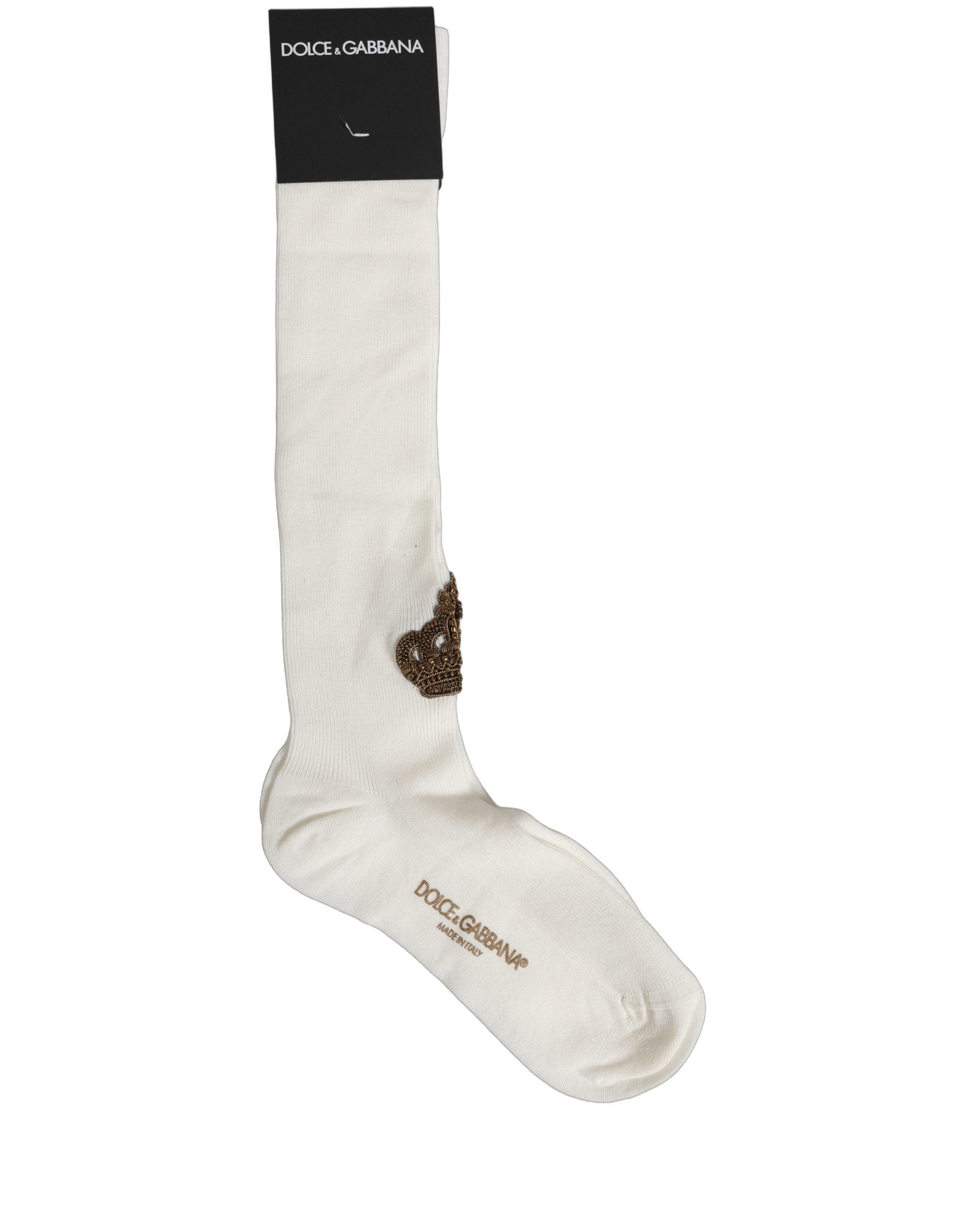 Dolce & Gabbana White Crown Embroidery Knee High Accessory Men's Socks