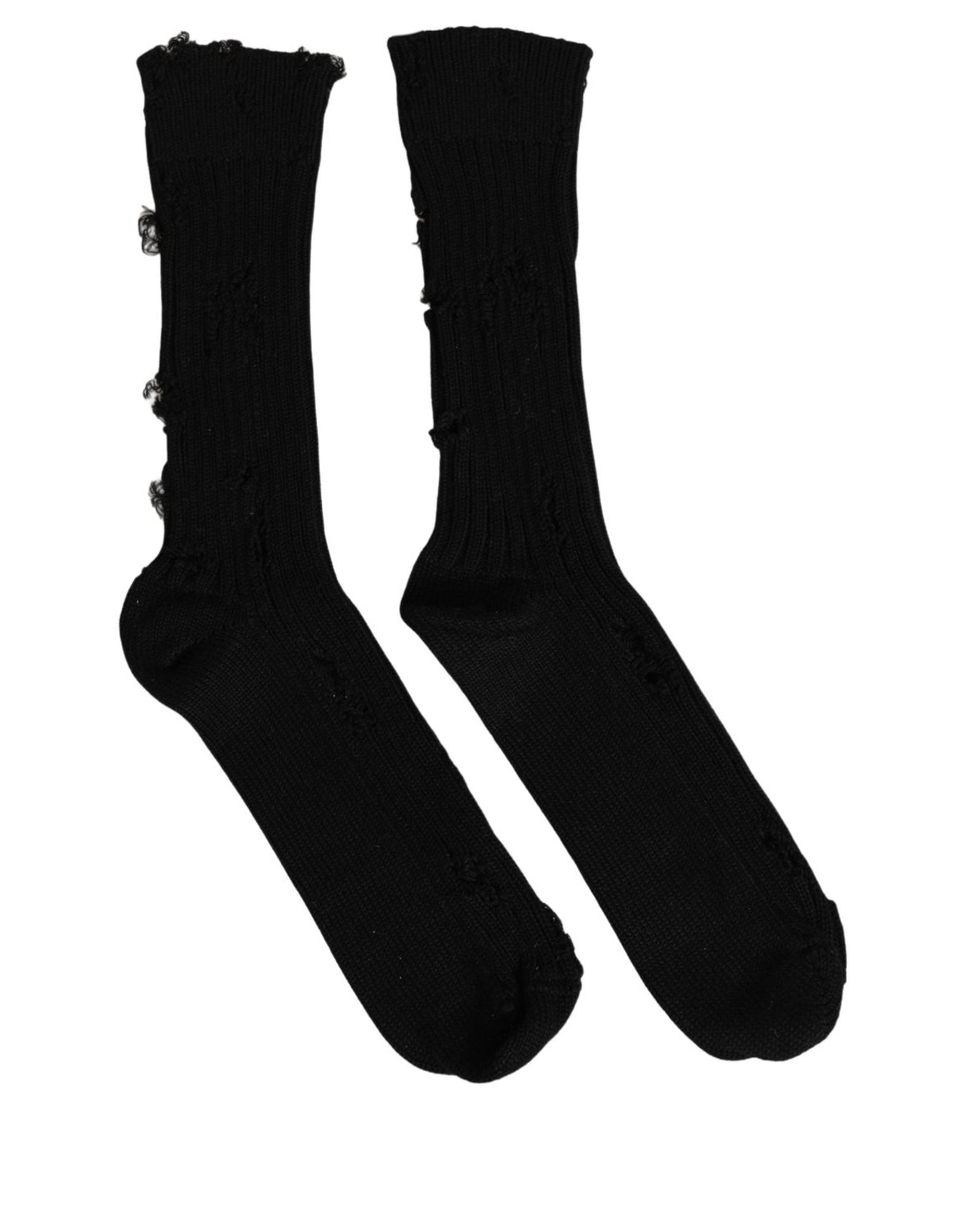 Dolce & Gabbana Black Cotton Distressed Mid Calf Accessory Men's Socks